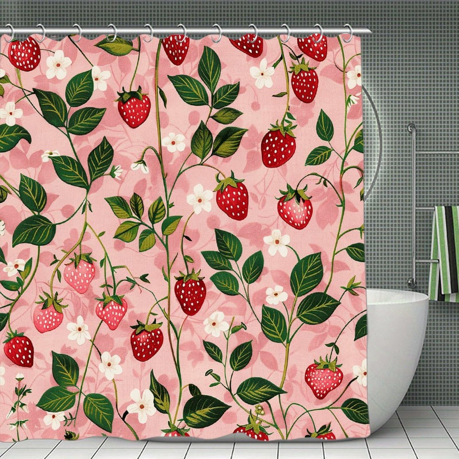 QMNLKH Peach Strawberry Print Shower Curtain with Hooks, Waterproof Bath Curtains for Bathroom, Lightweight Bath Curtains Liner for Hotel, Personalized Bath Curtain for Spa, 70.8 Inch