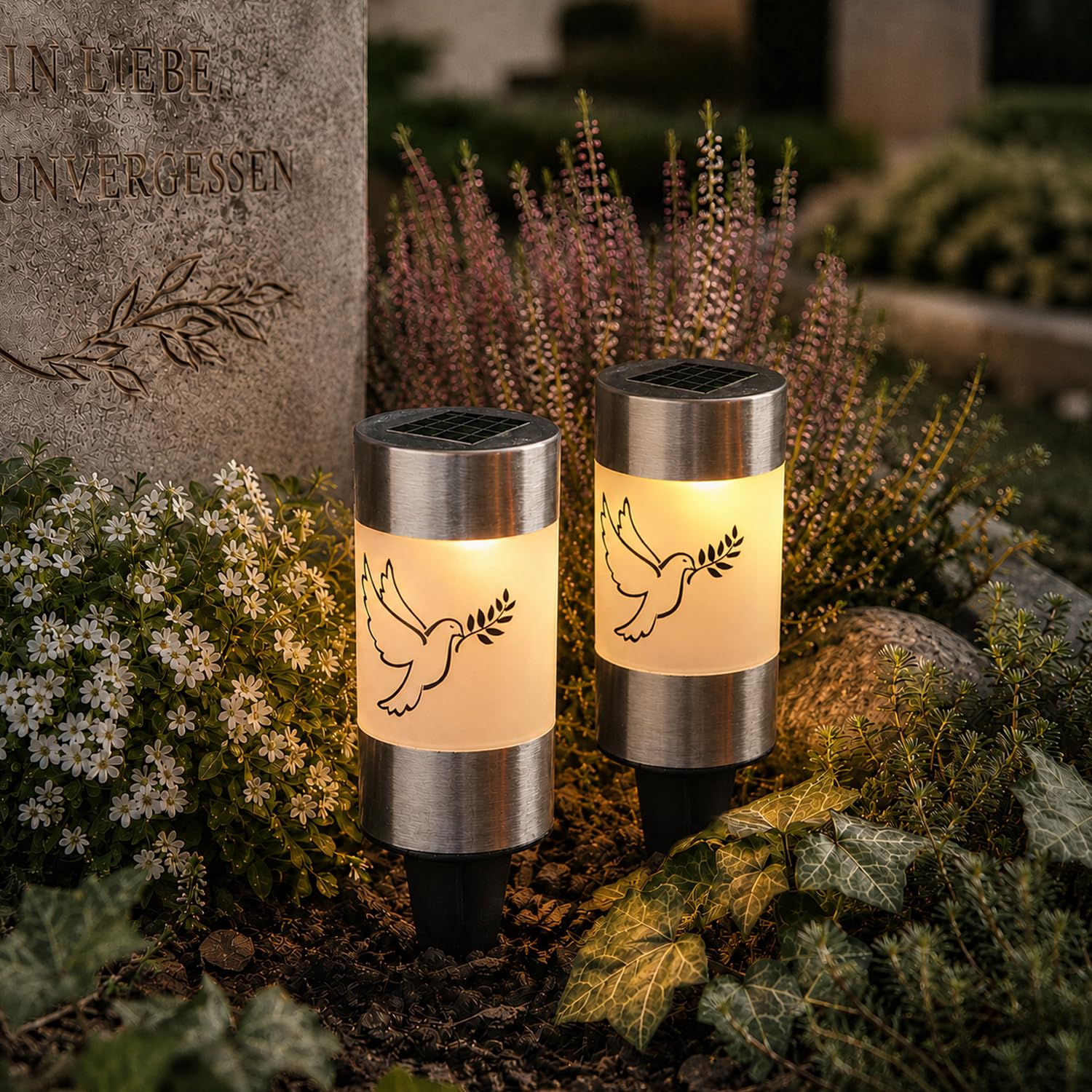 MARELIDA LED-Kerze Solar Grablichter Taube Grableuchte 14cm Lichtsensor 2St.