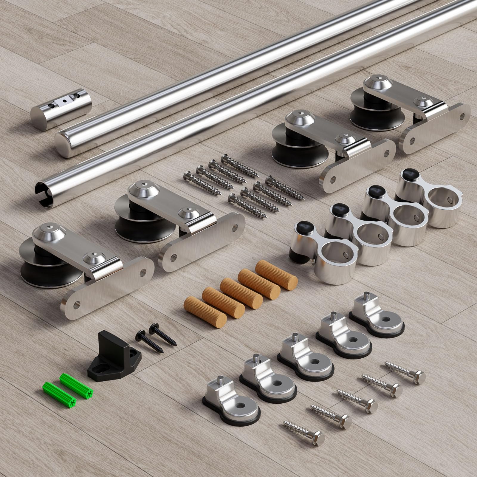 8FT/2.43M Acciaio Inossidabile Kit Accessori per Porta Scorrevole in Legno, Ferramenta Porta Scorrevole Per Doppia Porta