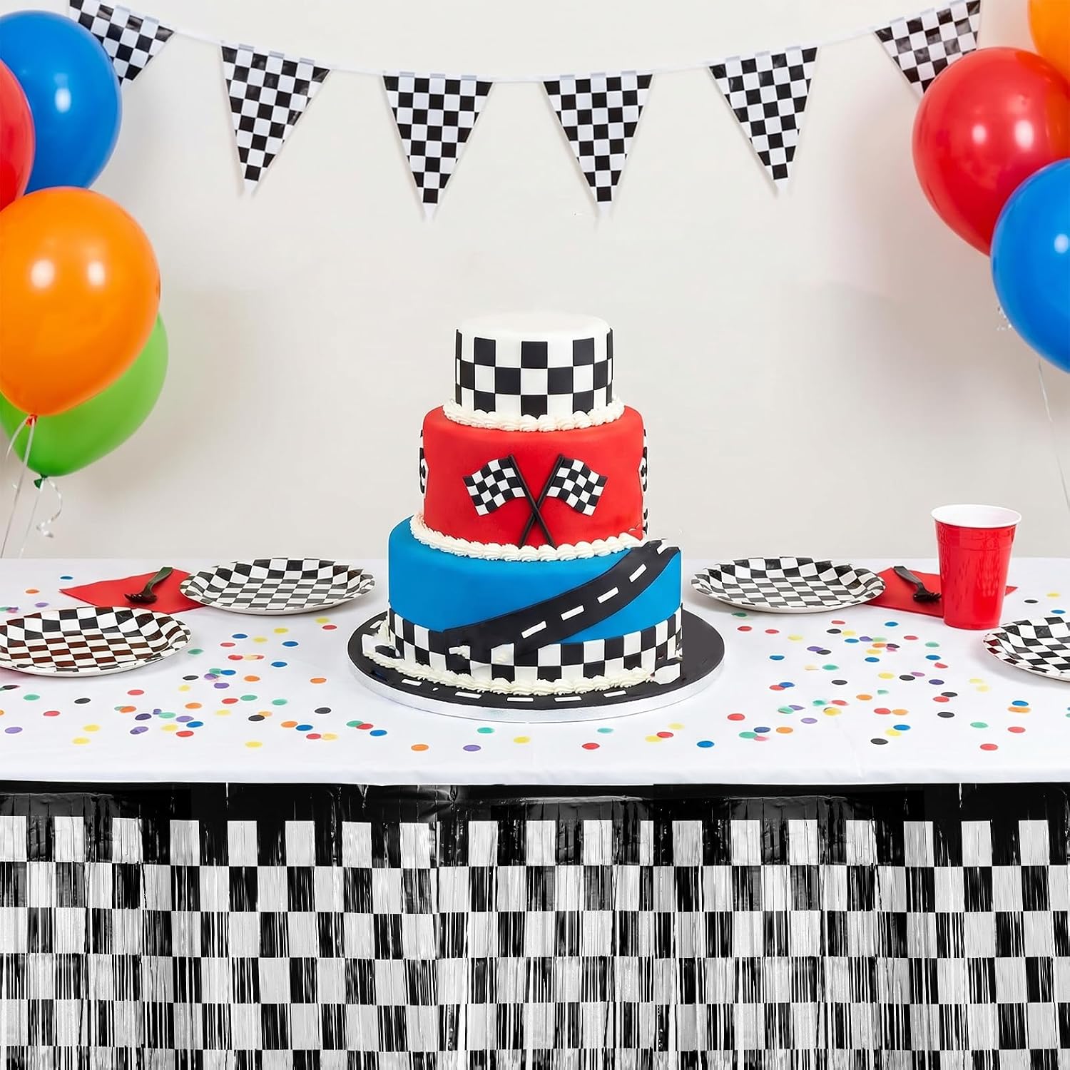 4pcs Race Car Table Skirt, 275x75cm/108.26x29.53in Plastic Black White Metallic Foil Tinsel Fringe Table Skirt Checkered Flag Tablecloth Streamers Birthday Decorations for Party Decor