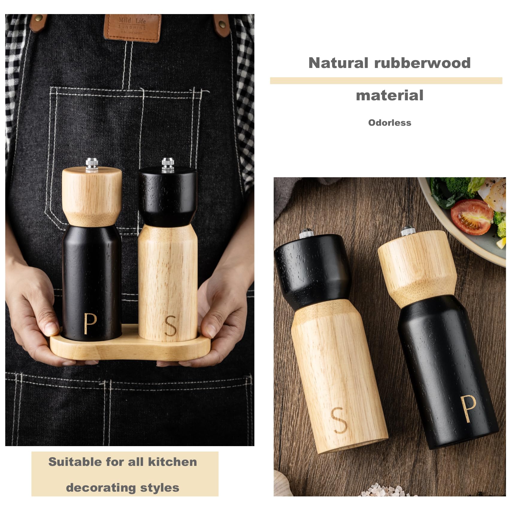 Salz und Pfeffermühle aus Holz mit untersetzer und Löffel,2er set Keramikmahlwerk Gewürzmühle,manuelle Pfeffermühle,Gewürzmühle Grinder mit verstellbarem Mahlwerk für Gewürze Pfeffer Salz 17cm