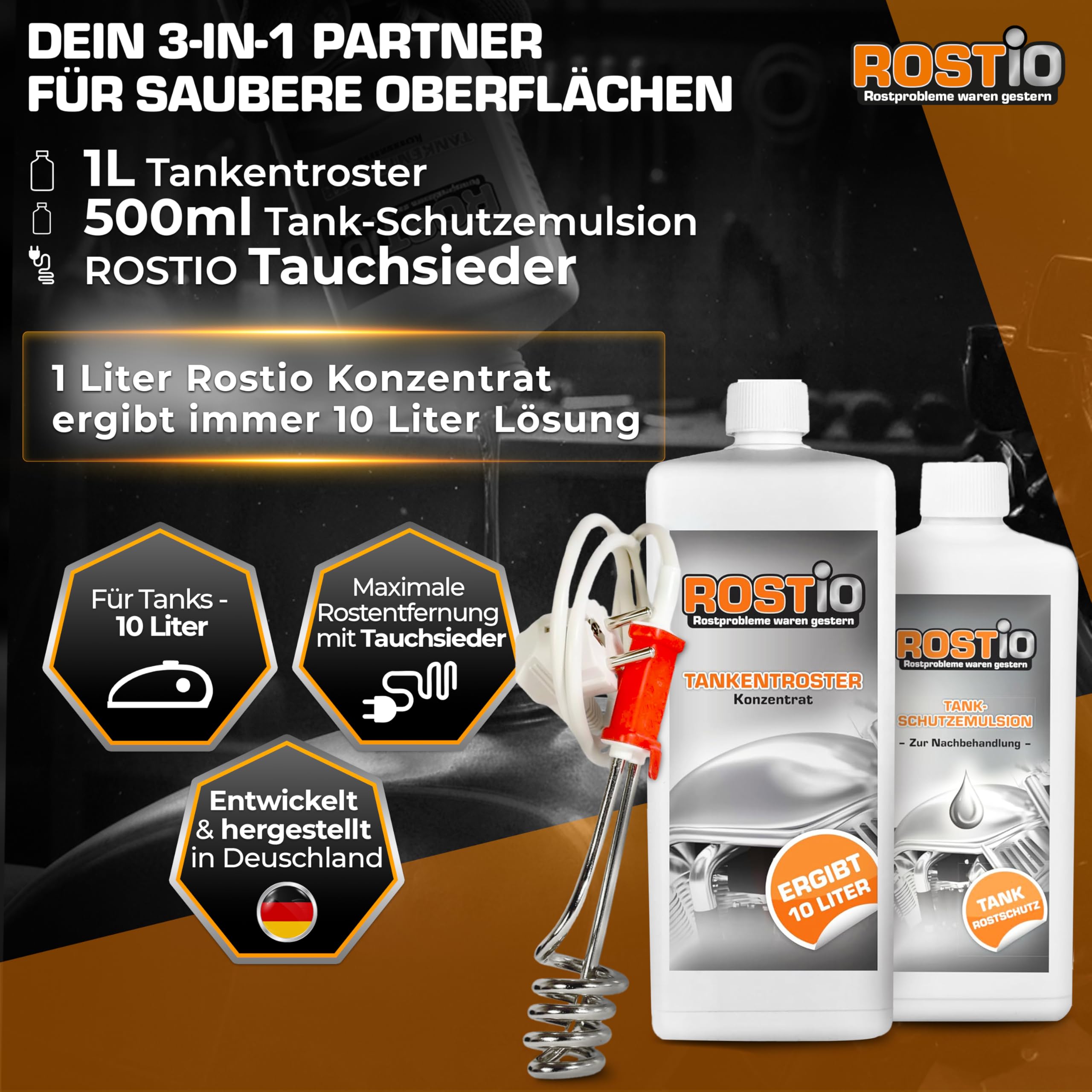 Rostio Tankentroster-Set 1L – inkl. Tank-Schutzemulsion 500 ml + Tauchsieder – hochergiebig (1 : 10) – für Tanks bis 10L – Rostentferner & Korrosionsschutz – Entrostung auch bei starkem Rost