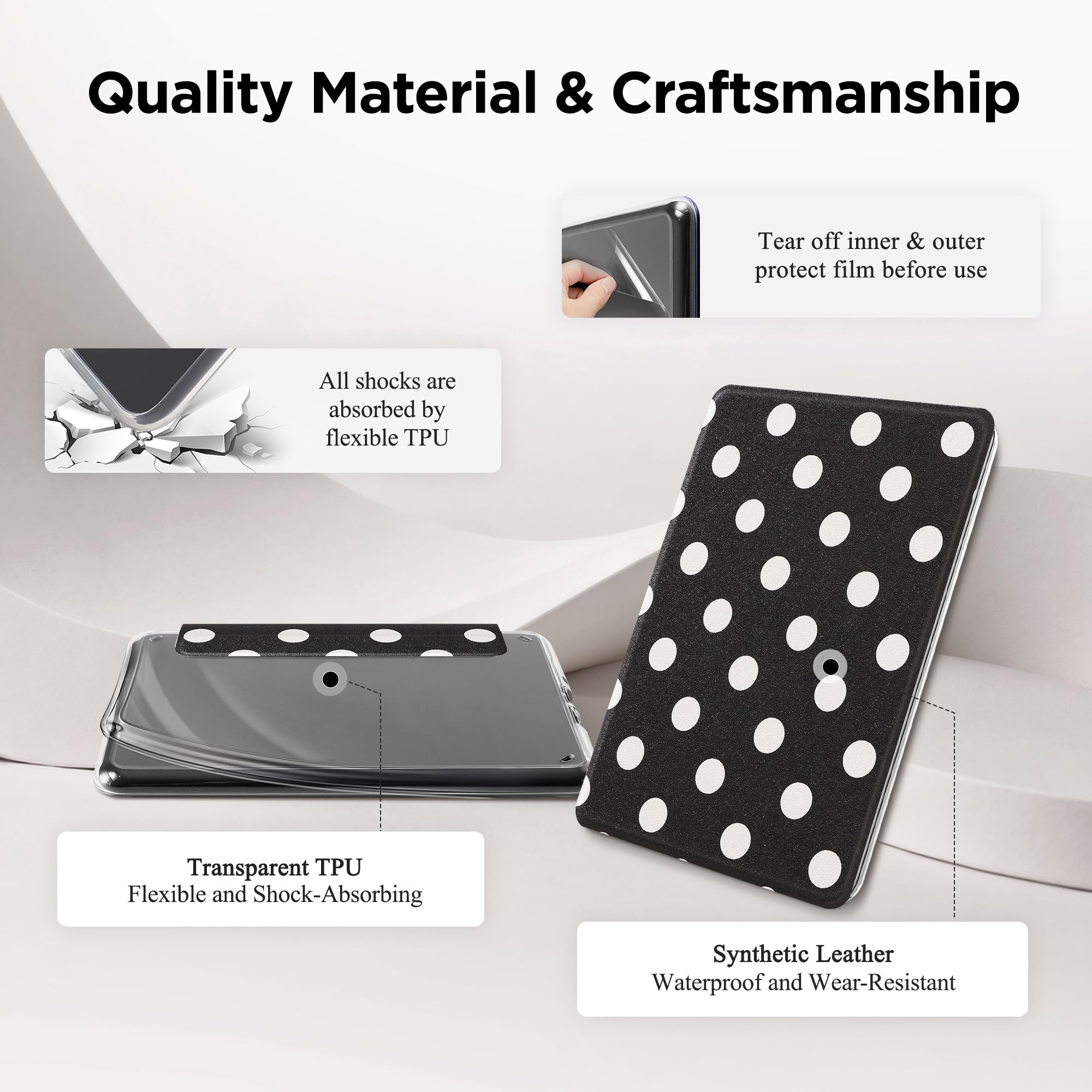 SESENSE Funda magnética desmontable para Kindle Paperwhite de 12ª generación 2024 y Kindle Colorsoft Signature Edition, funda delgada de poliuretano con encendido y apagado automático, lunares blancos