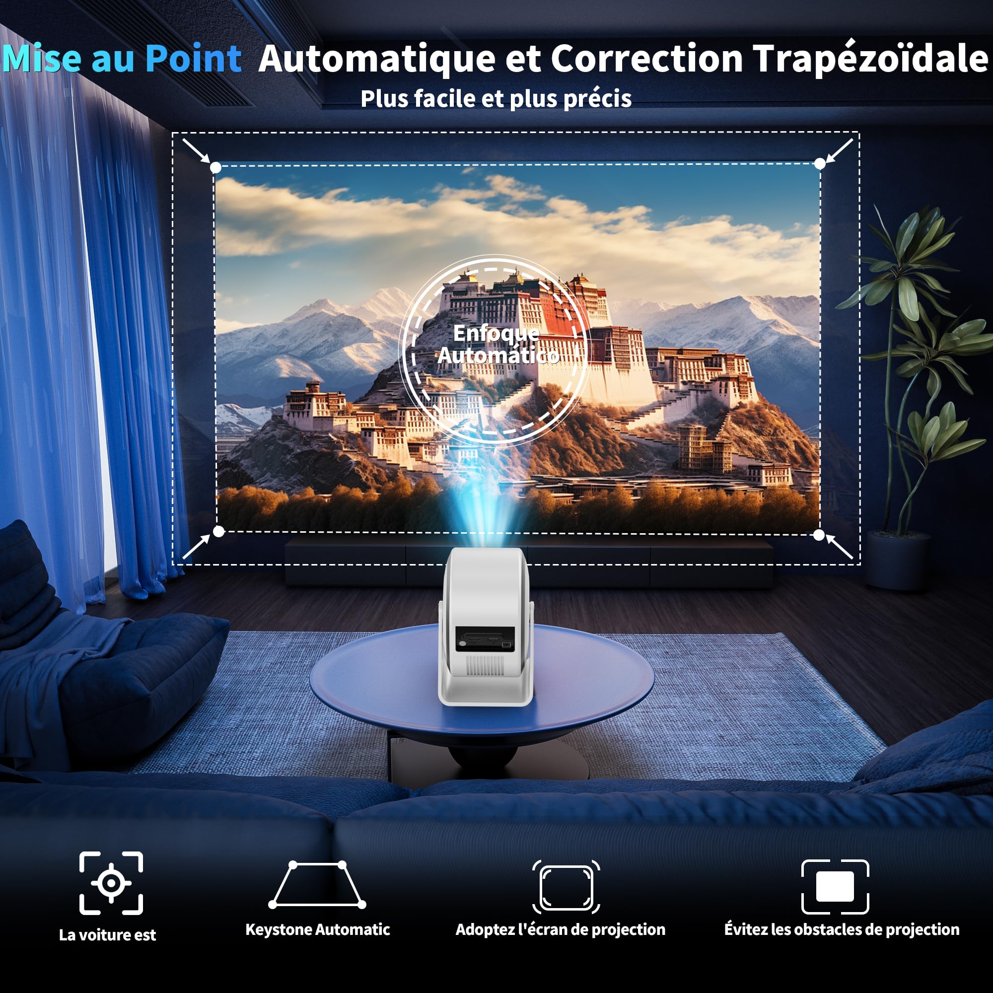 [App integree] Mini Vidéoprojecteur Supporte 4K 1080P 2026 Upgraded AutoFocus & Keystone, Projecteur Correction 360" Rotation avec WiFi 6 etBluetooth 5.4 projecteur avec HDMI/TV Stick/USB/ - Blanc