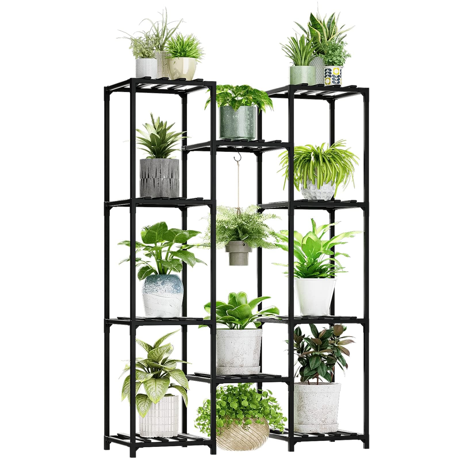 Bamworld Plant Stand Indoor Outdoor Wood Tall Flower Shelf Tiered Plant Stands for Multiple Plants Large Planter Holder Hanging Shelves Rack for Living Room Garden Balcony (Black)