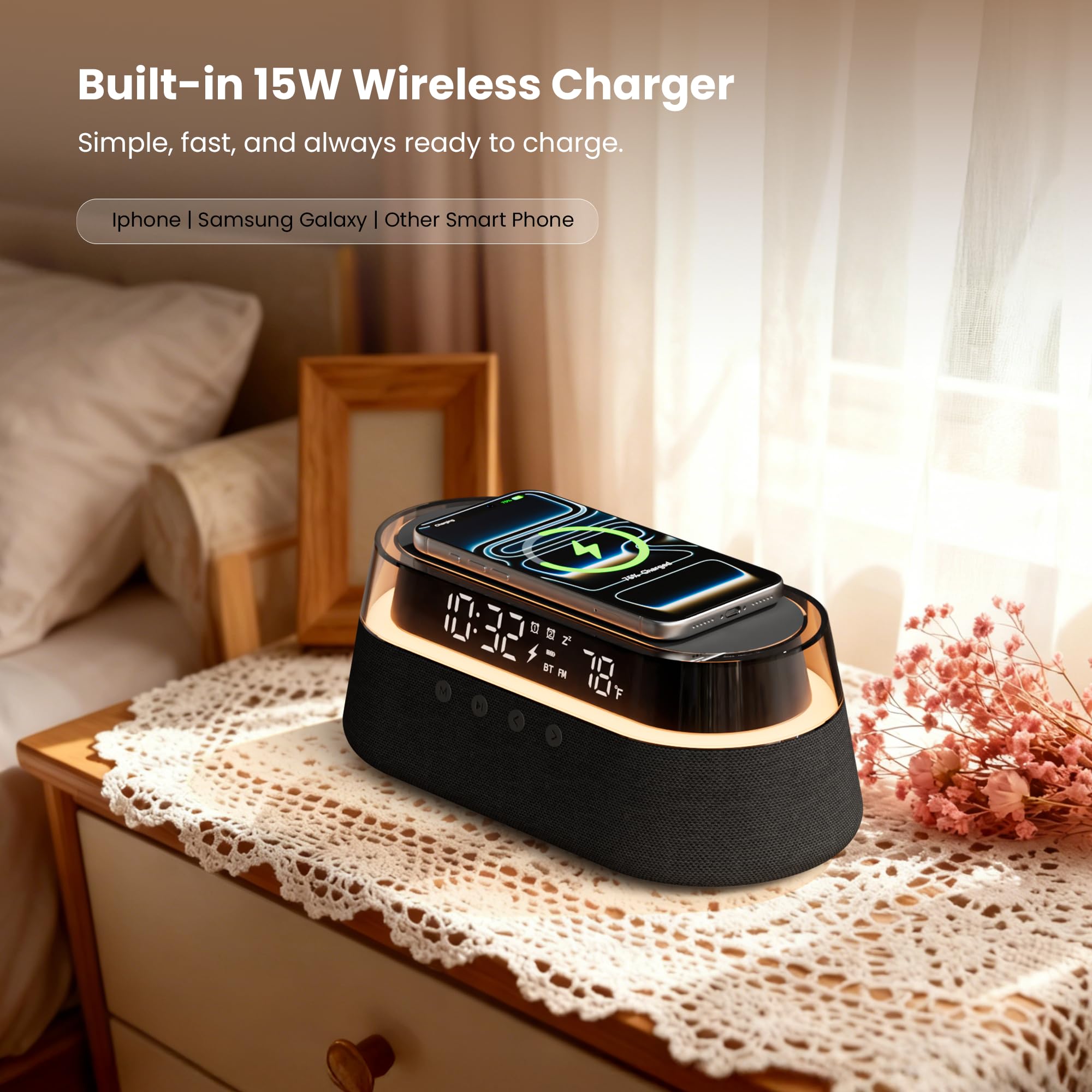 Altoparlante Bluetooth con Sveglia Caricatore Wireless 15W con Telecomando | Doppia Sveglia con Radio, Funzione Snooze e Luce Notturna per la Camera da Letto o l'ufficio Regalo Uomo Donne