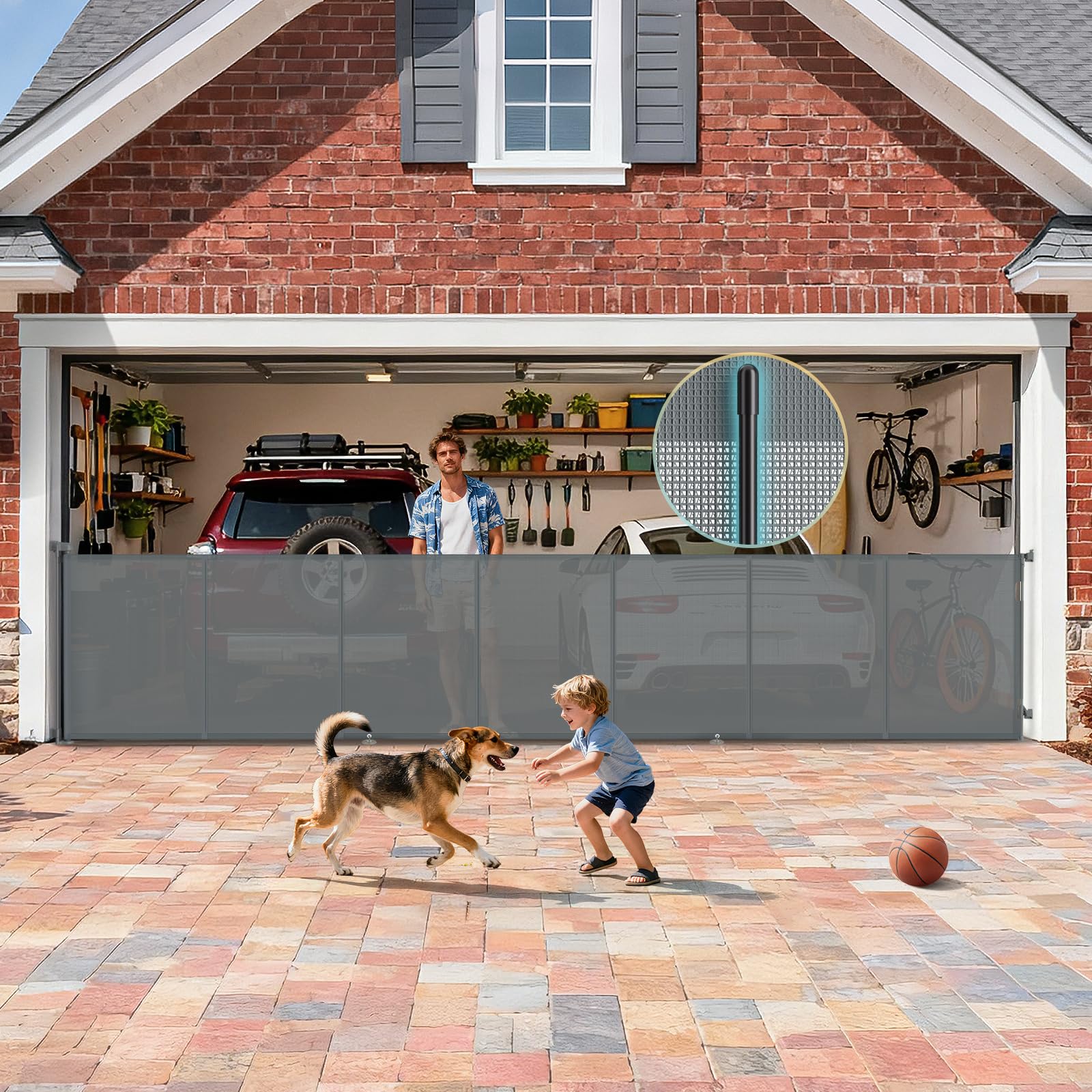 Photo 1 of 200'' Retractable Baby Gates Extra Wide, 42'' Extra Tall Retractable Dog Gate, 16 FT Grey Indoor/Outdoor Retractable Gate with Reinforcement Rods for Garage, Doorways, Stairs, Decks, Driveway, Patio