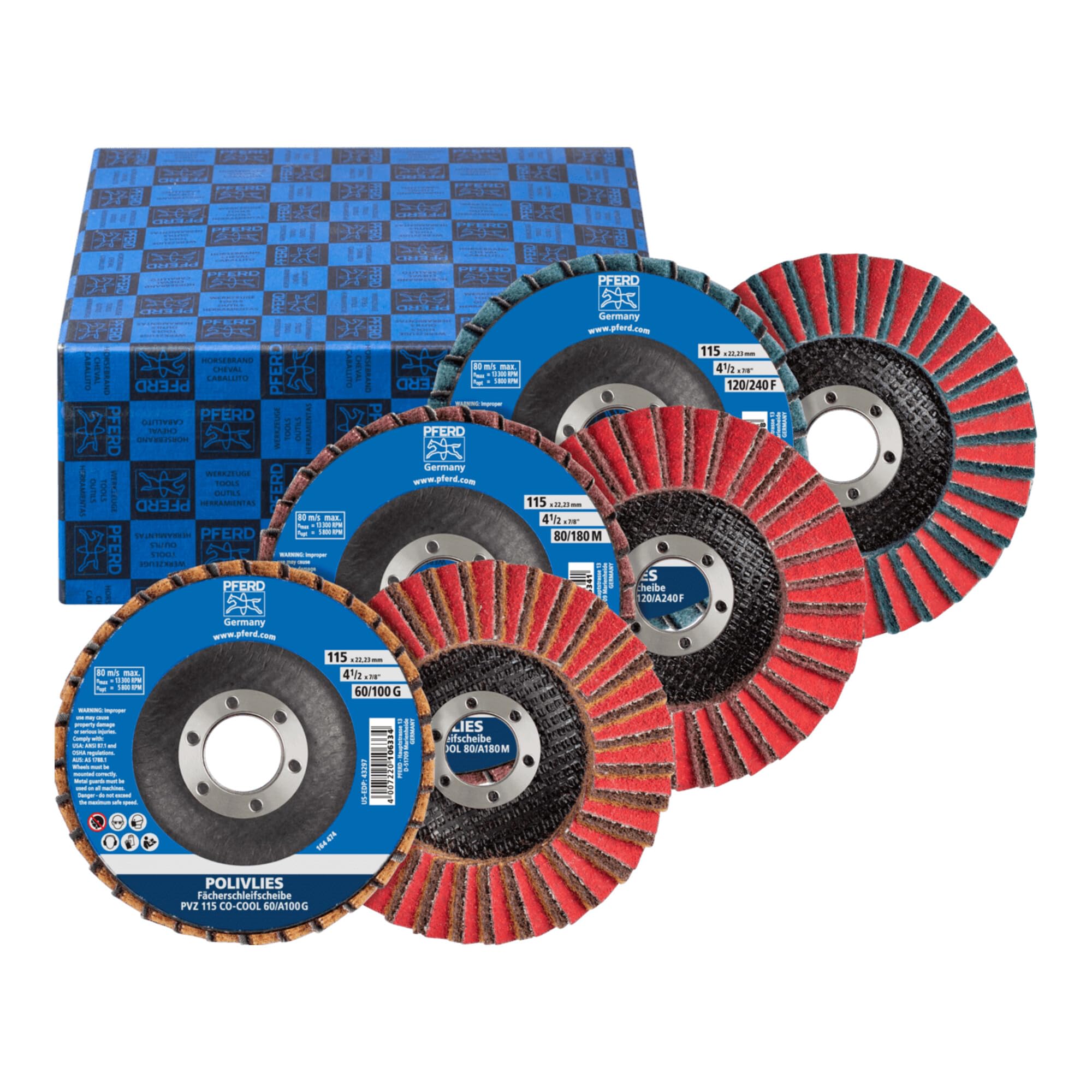 PFERD POLIVLIES 44698008 - Set di dischi in ceramica PVZ, diametro 115 mm, larghezza 18 mm, foro 22,23 mm, abrasivi CO-COOL, granulometria 60/G, 80/M, 120/F