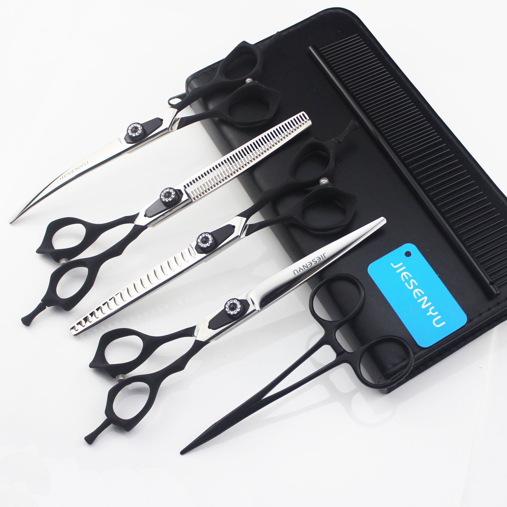 Jiesenyu Black 7.0 In. Pro Pet Grooming Scissors Sharp Edges Cutting +Curved + 2Thinning Scissors 4 Pcs Set For Dog Grooming (Black)
