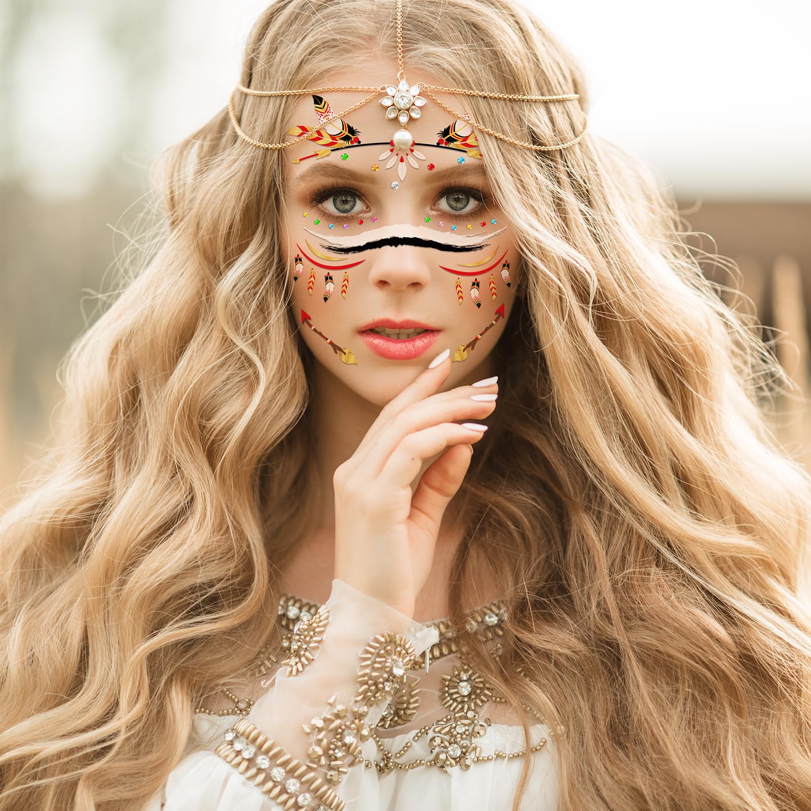 DPKOW Indian Face Tattoos, Indian Temporary Tattoos Stickers with Face Gems, Fake Tattoos for Indian dresses Accessories for Women - Image 4