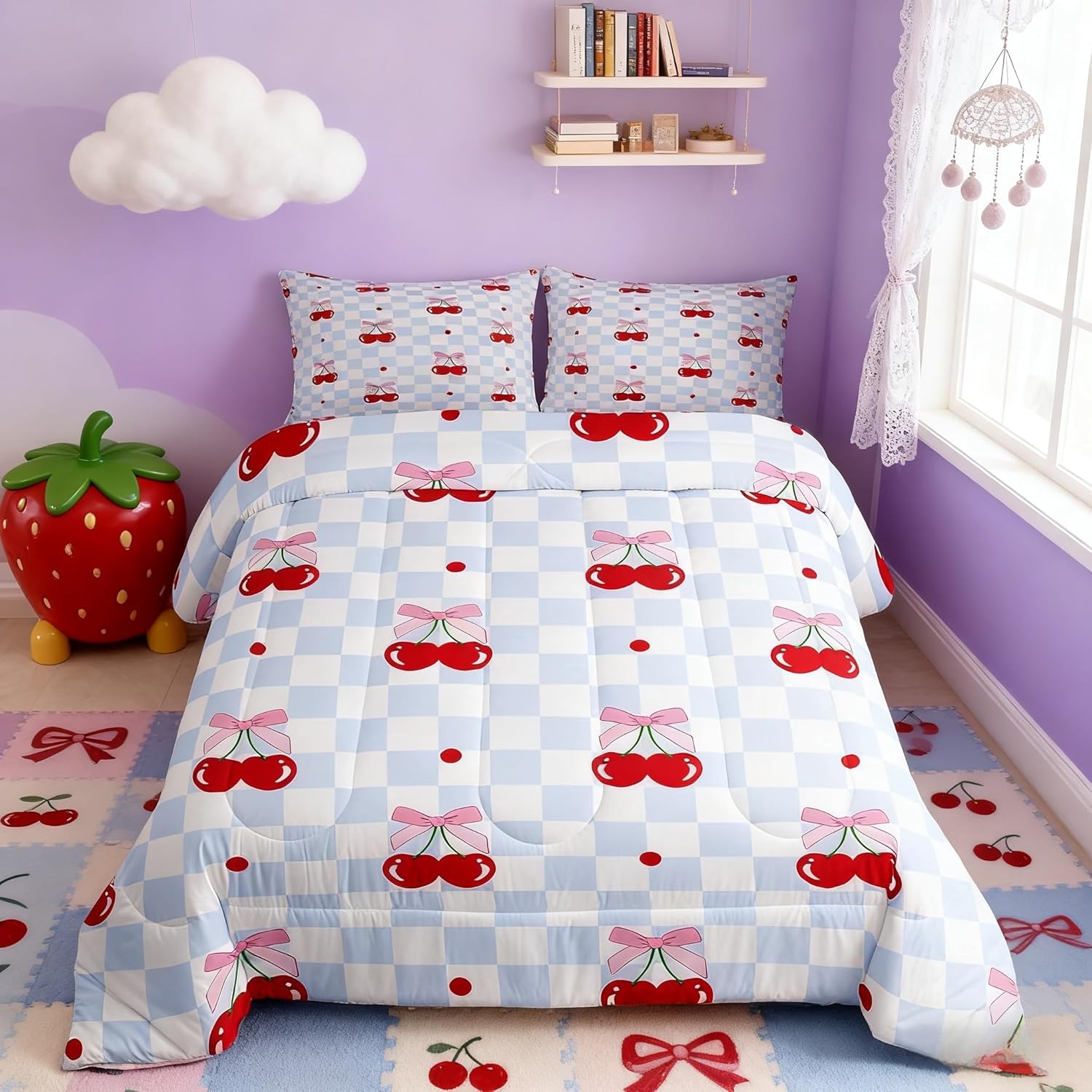 Pink Bowknot Kids Comforter Set Full Size,Bow Tie Cherry Tropical Fruit Cartoon Bedding Set,Girls Women Room Decor,Geometric Checkered Patchwork Down Comforter,Blue Chic Duvet Insert,2 Pillowcases