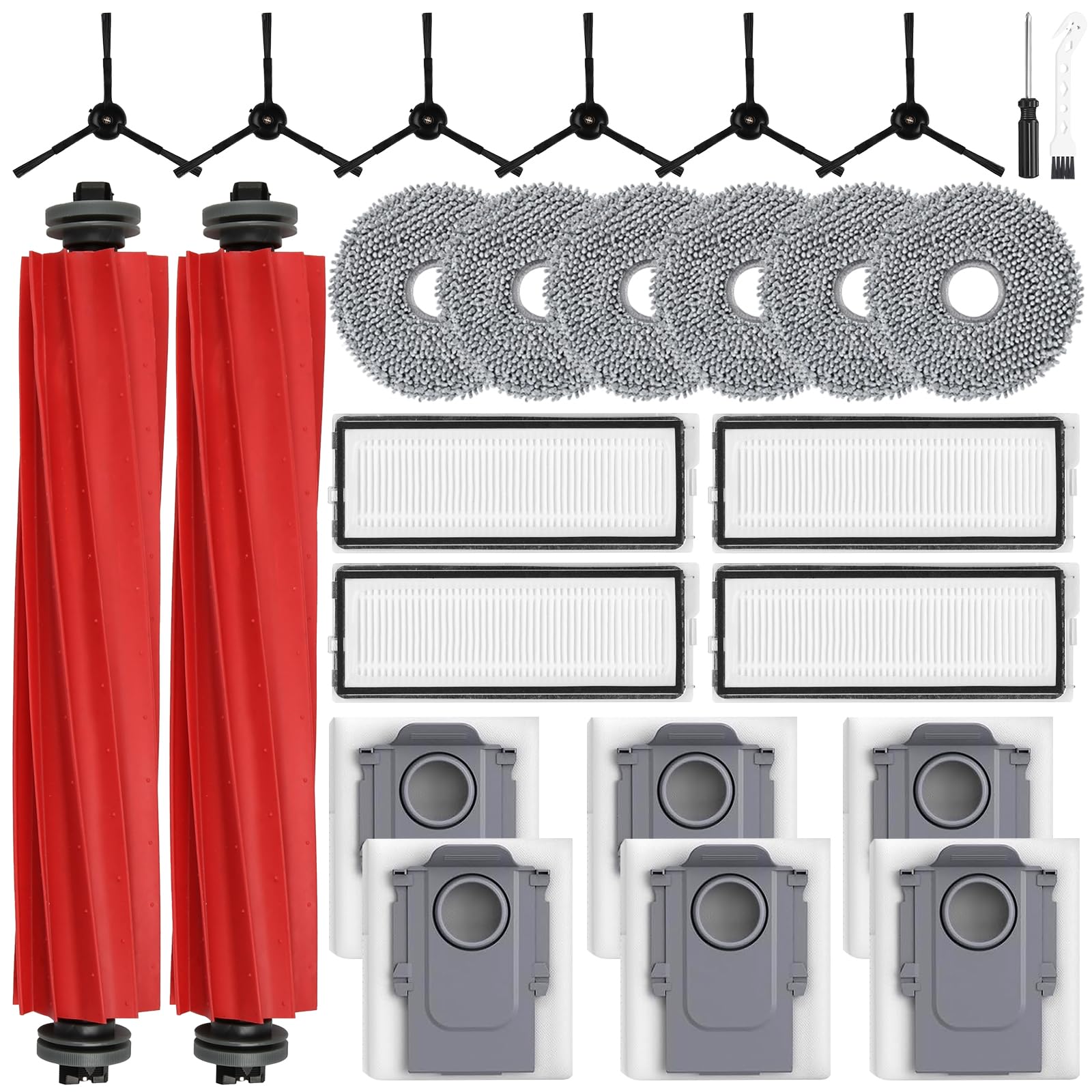 26 Stück Zubehörset für Roborock Qrevo S/Qrevo Pro/Qrevo MaxV Saugroboter mit 2 Hauptbürste 6 Wischtücher 4 HEPA Filter 6 Staubbeutel 6 Seitenbürsten 1 Reinigungsbürste 1 Schraubenzieher