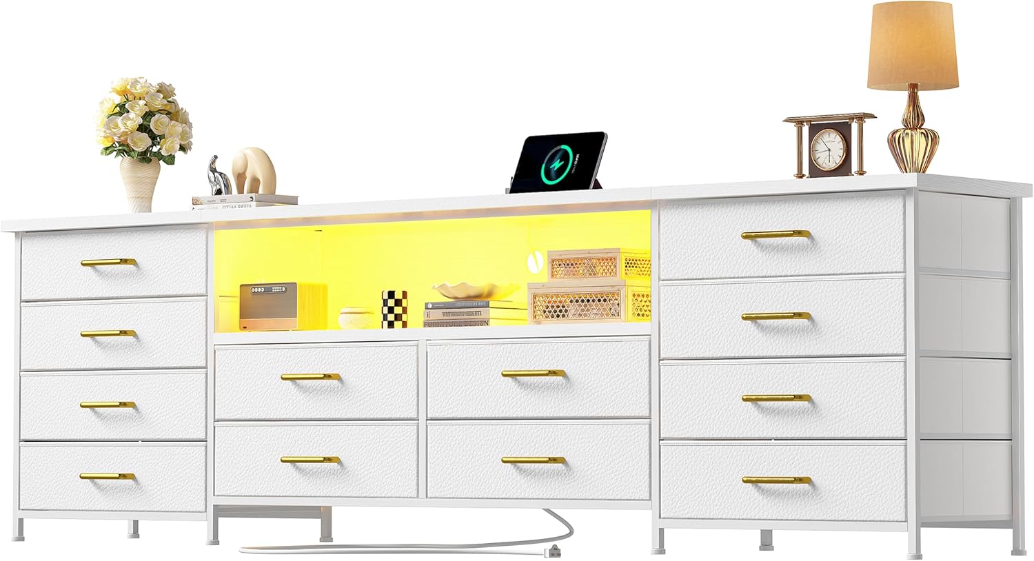 Homkdom Dresser for Bedroom with 12 Drawers,LED TV Stand Fit 70" TV White