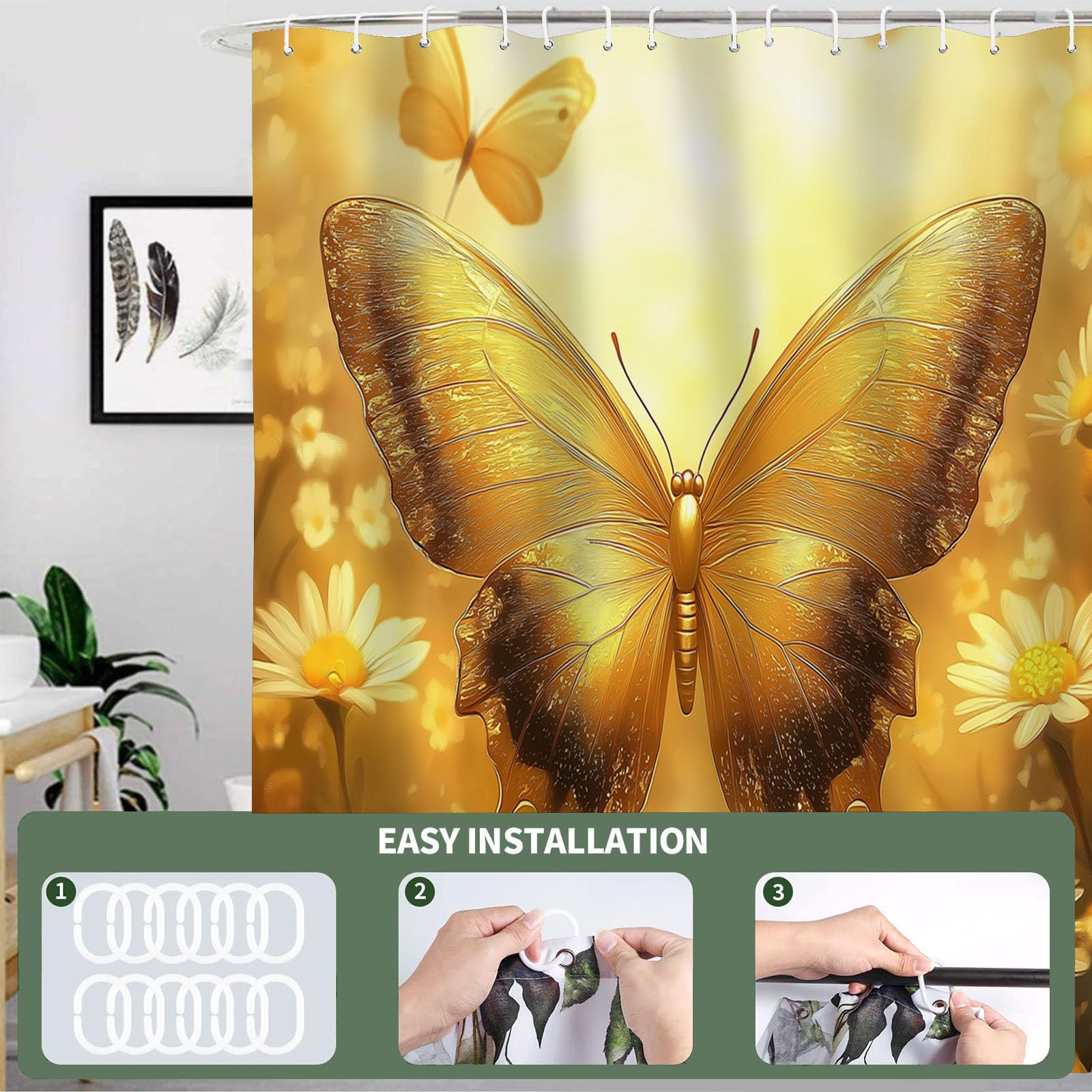 Cortina de Ducha con impresión Digital de Ligero Floral Cortina de Baño con Mariposa Flores,240x200cm Impermeable Cortinas de Ducha con 12 Ganchos Tela de poliéster para baño