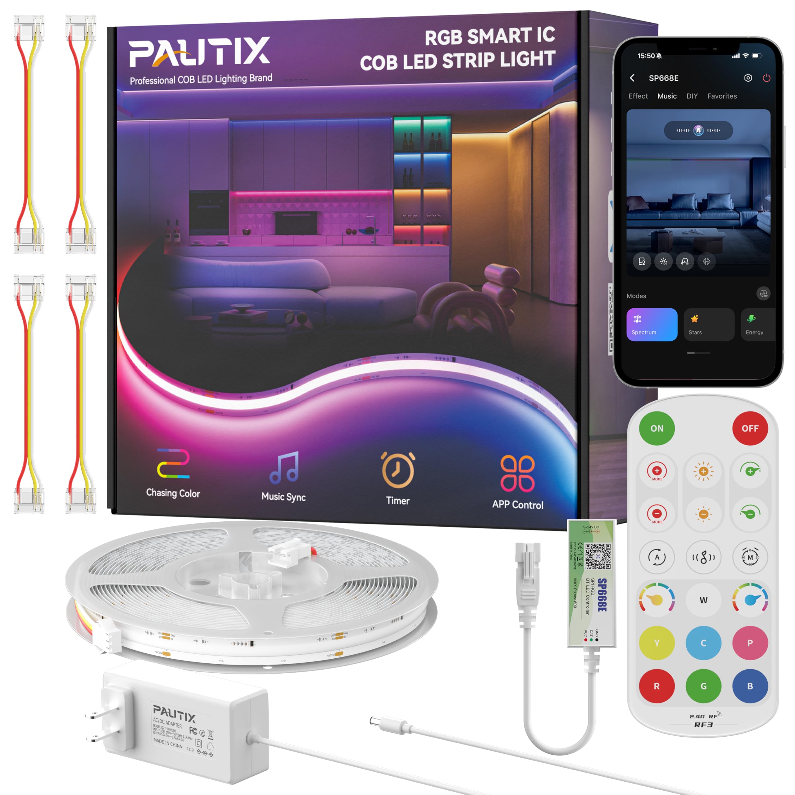 Photo 1 of PAUTIX COB LED Strip Lights Pro, UL-Listed RGB Smart IC Chasing Color Addressable COB LED Tape Light, Music Sync Flexible RGB LED Lights, Smart Strip Light, for Party, Bedroom, Color Changing, 32.8ft