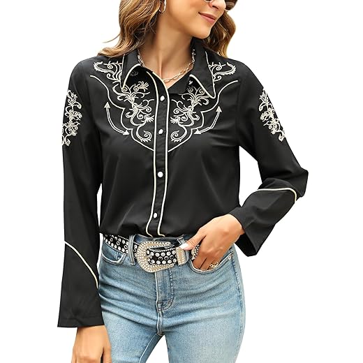 Western Shirts for Women Cowgirl Sexy Dressy Long Sleeve Black Embroidered Button Up Ladies Blusas Vaqueras para Mujer