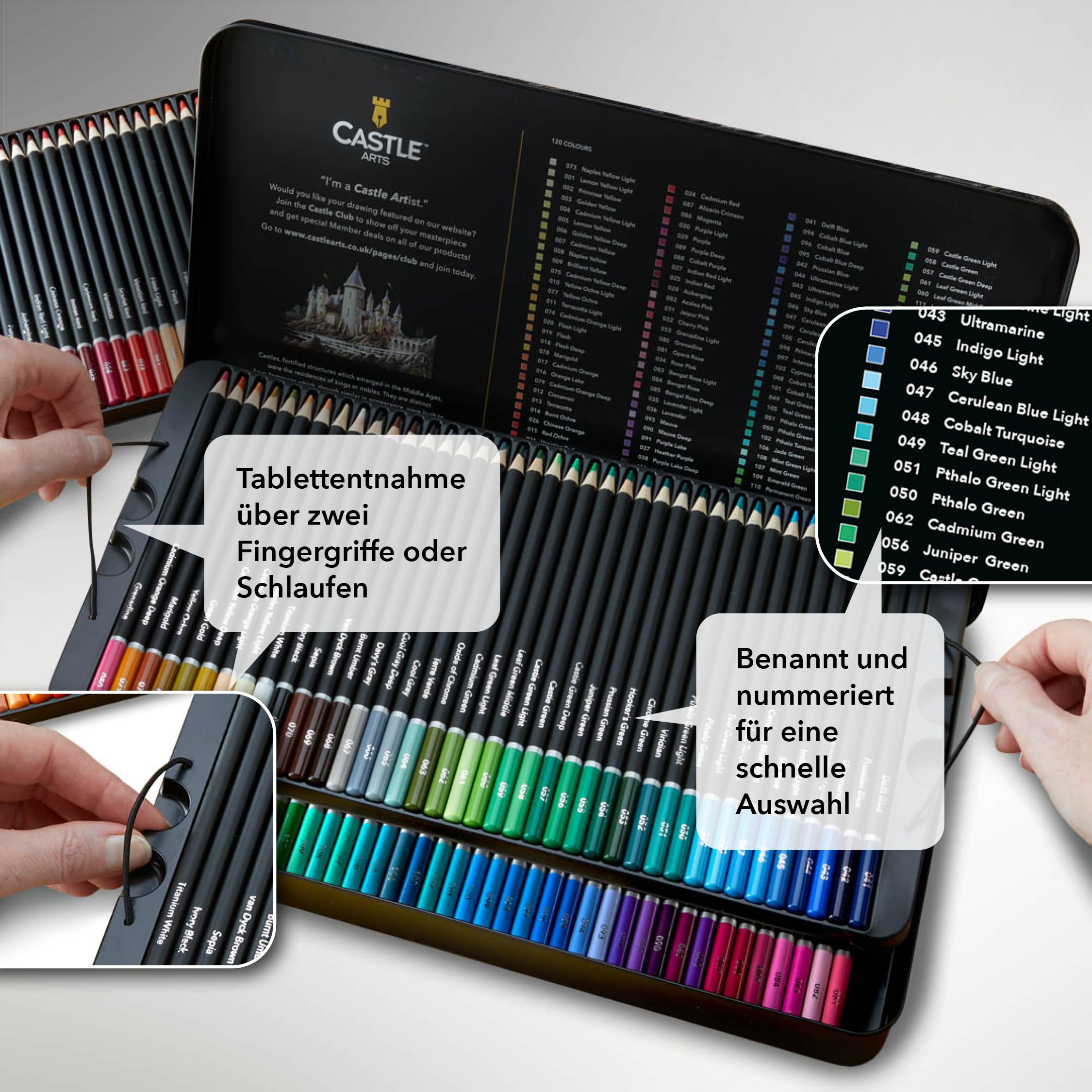 Castle Art Supplies 120 Buntstifte Set | Hochwertige Farbminen mit weichem Kern für Profi-, erfahrene und Farbkünstler | Geschützt und sortiert in einer Präsentationsbox aus Blech - 3