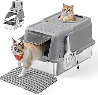 Feandrea PPT005G01 Stainless Steel XL Cat Litter Tray with Lid with Shovel, Brush and 2 Entrances, for Cats up to 15 kg, Dove Grey product image