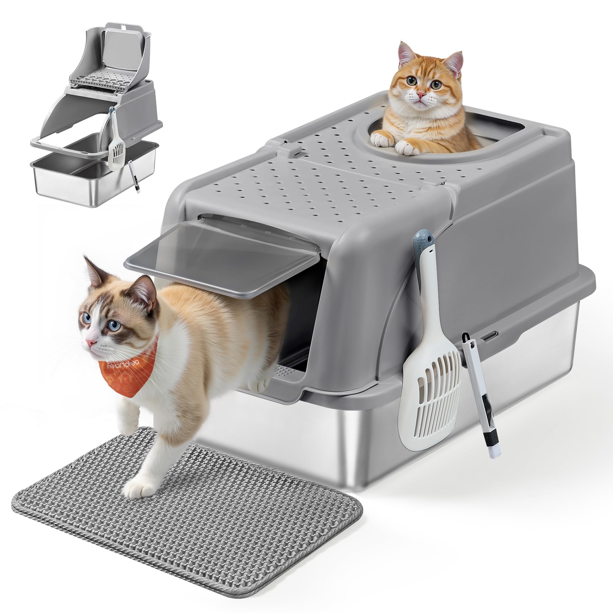 Feandrea Stainless Steel Cat Litter Box with Flip Lid