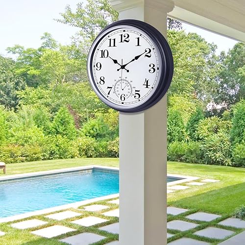 Miniatura 4 de QWARVEL Reloj grande de 16 pulgadas para exteriores, reloj retro impermeable para interiores y exteriores, reloj sin tictac con termómetro, reloj de