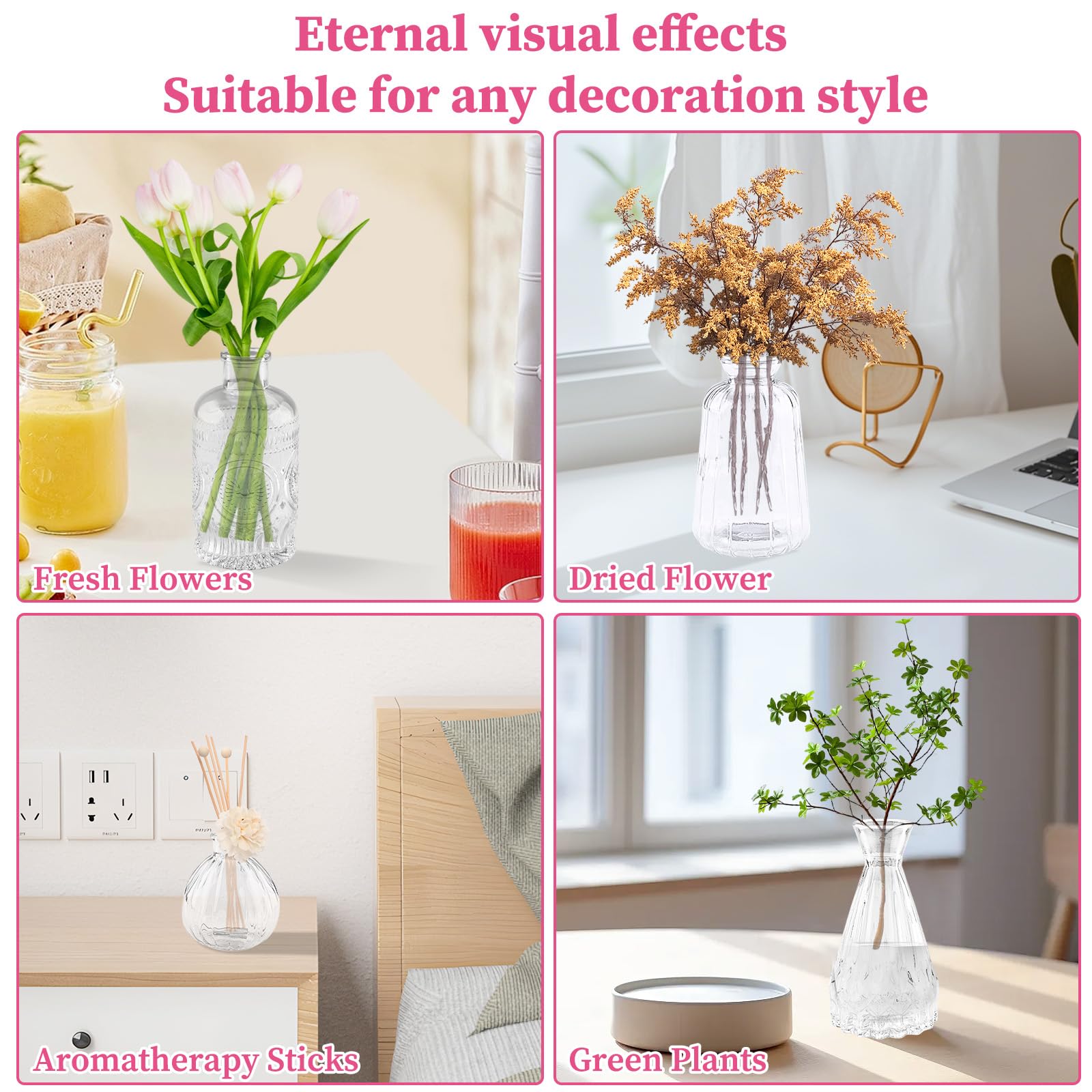 12 Vasi in Vetro Trasparente, Set di Vasetti Piccoli con Stili Diversi, Mini Bottiglie per Terrario Piante e Fiori, Decorazione Casa, Matrimonio, Centro Tavola Moderno