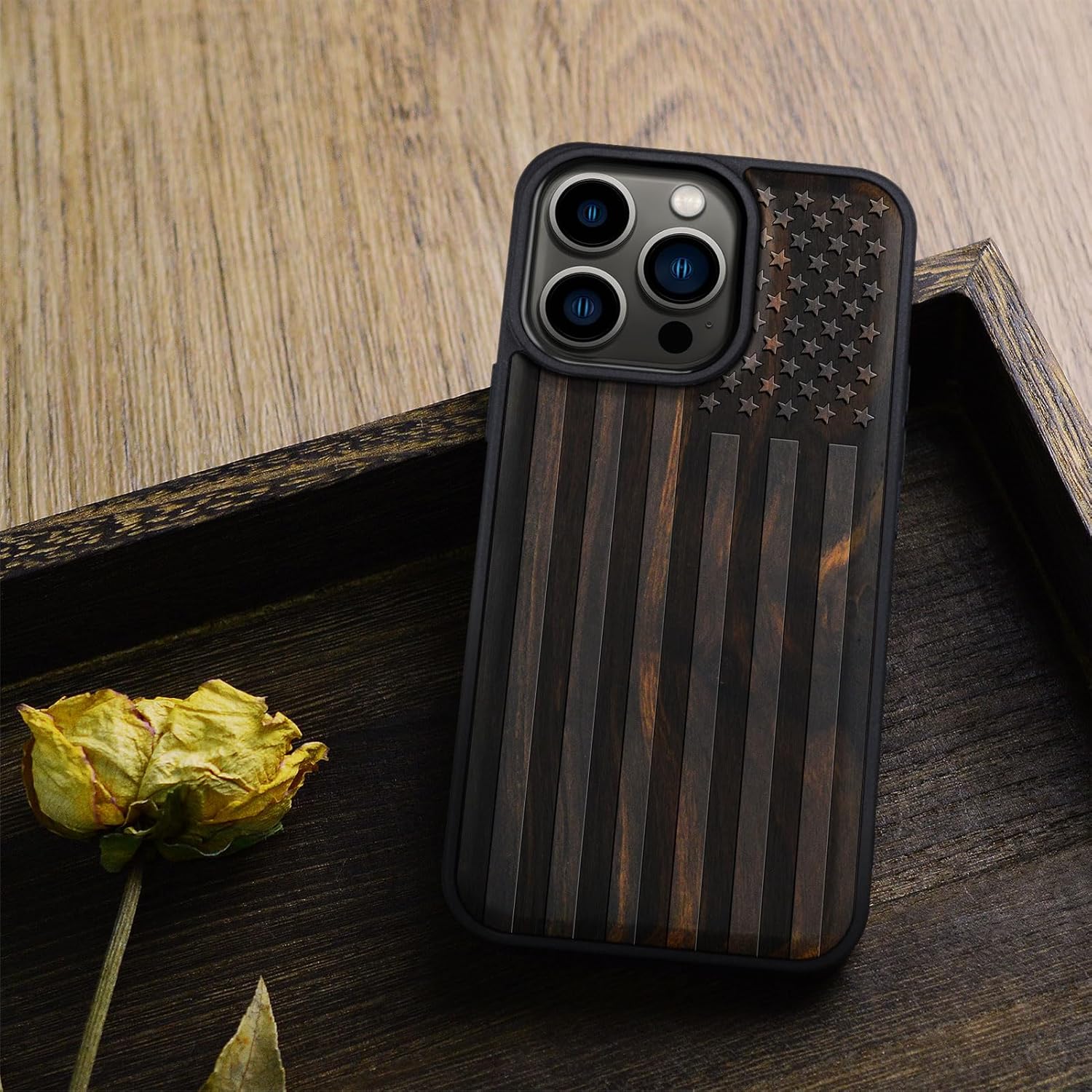 Carveit Magnetic Wooden Case for iPhone 15 Pro Case, Compatible with MagSafe Wireless Chargers, Black Soft TPU Shockproof Cover & Wood Artisan Engraved (American Flag) - Blackwood