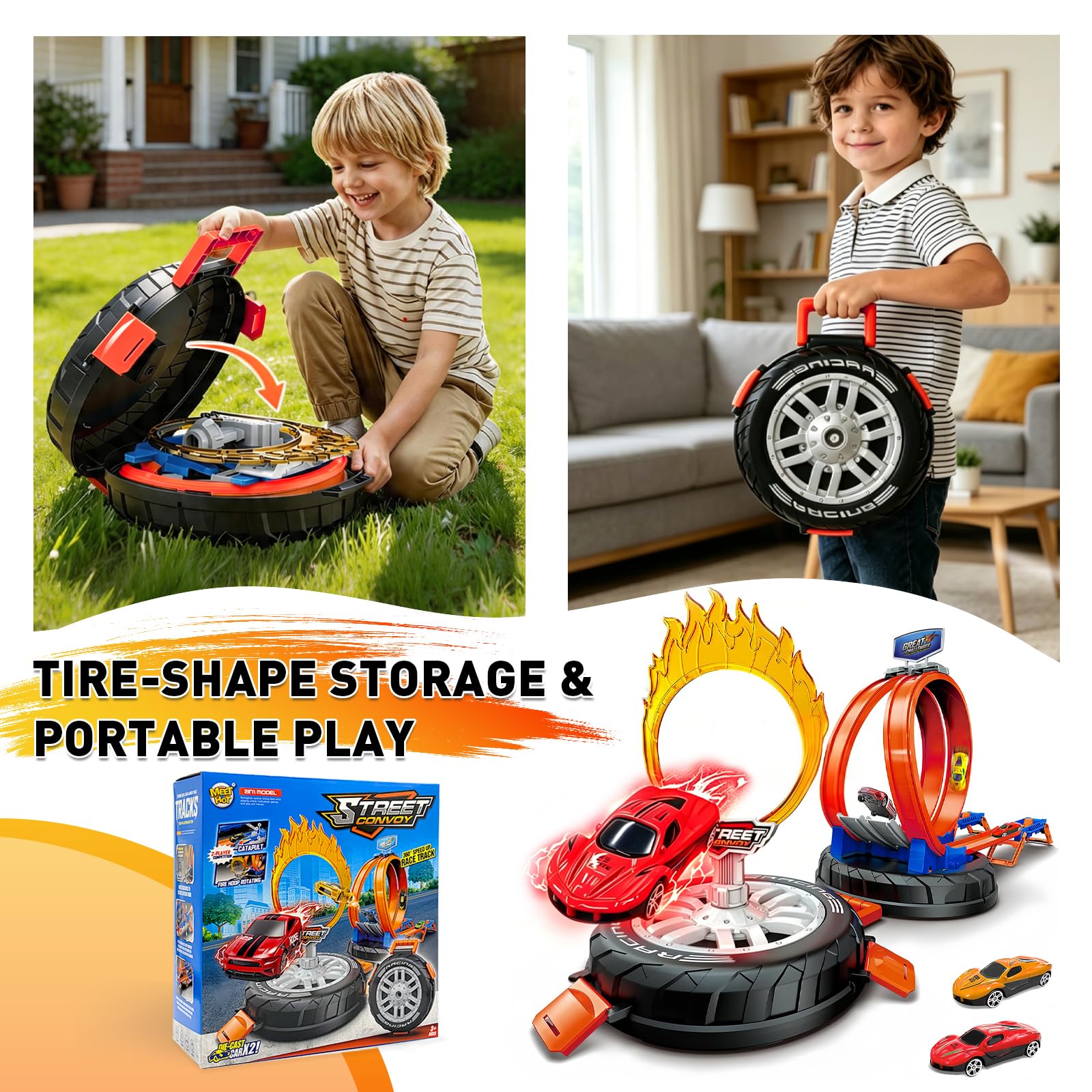 Pista De Coches para Niños, Circuito Pista con 6 Coches De Juguete, 2 Rampas Y 1 Caja para Guardar Las Ruedas, Adecuado para Niñas Y Niños De 3, 4, 5 Y 6 Años