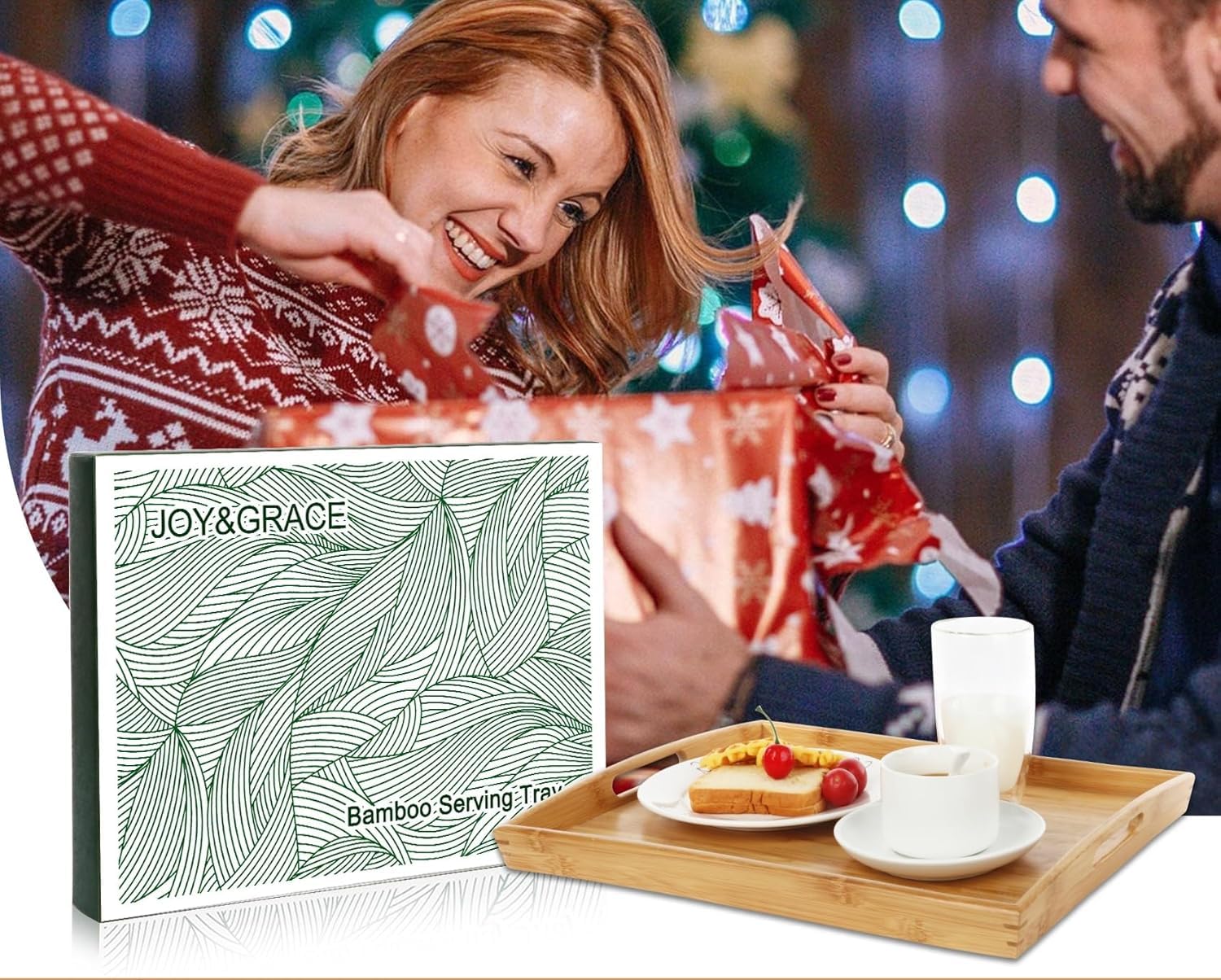 Joy&Grace Bambus Serviertablett mit Griffen – Frühstückstablett aus Holz, 42,6 x 32,5 cm – Esstablett fürs Bett, Sofa, Couchtisch & TV – 1 Stück