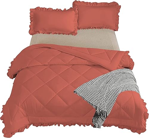 Miniatura 6 de Juego de edredón de 3 piezas con volantes de diamantes de alta calidad hotelera, 21.16 oz/m², 100% algodón egipcio, 1000 hilos, color rojo ladrillo,