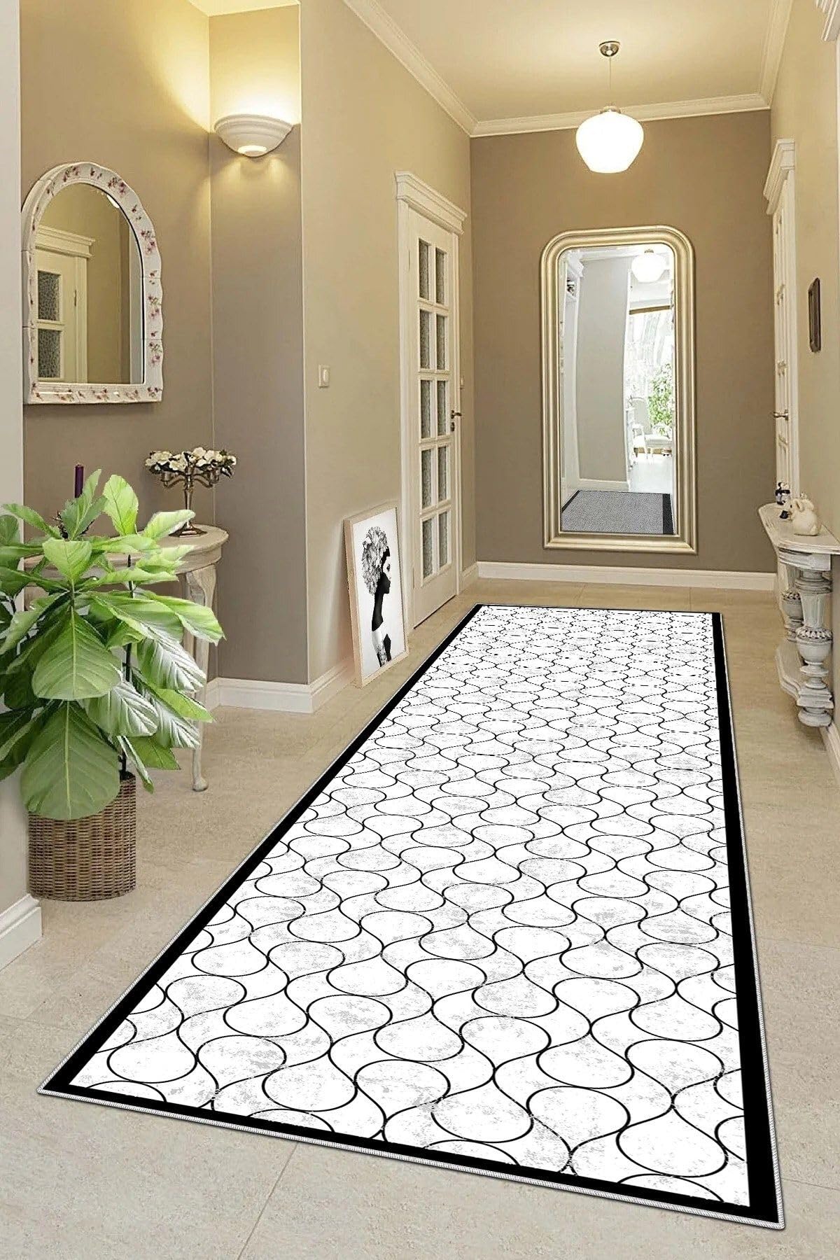Pelangi Geometrik Desenli Siyah Beyaz Dijital Baskı Yıkanabilir Kaymaz Taban Salon Halısı ve Yolluk, Siyah-Beyaz 80 x 350, 9554852803507