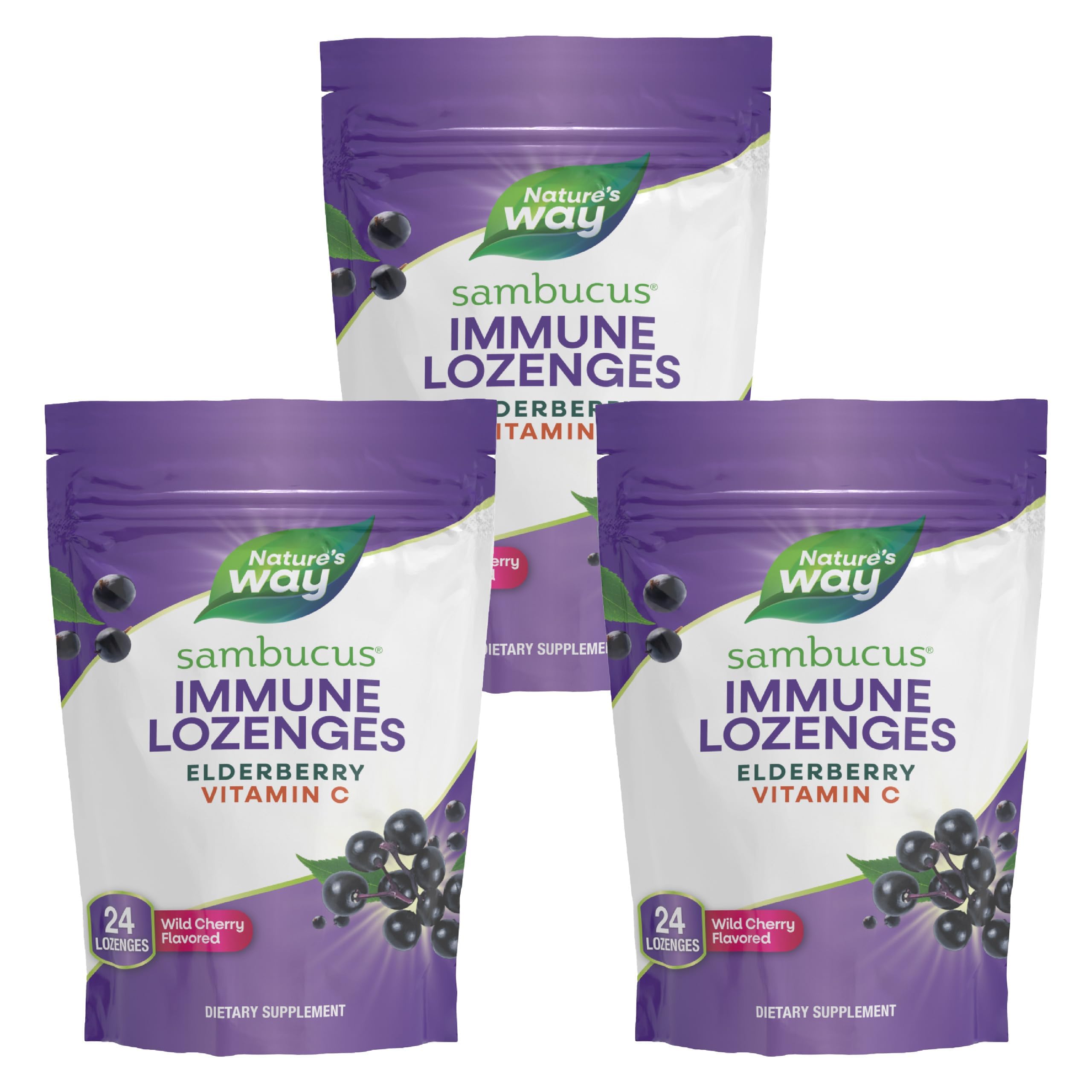 Nature’s Way Sambucus Immune Lozenges, High Potency Vitamin C, Elderberry, Wild Cherry Flavored, 24 Lozenges (Packaging May Vary) - 3 Pack