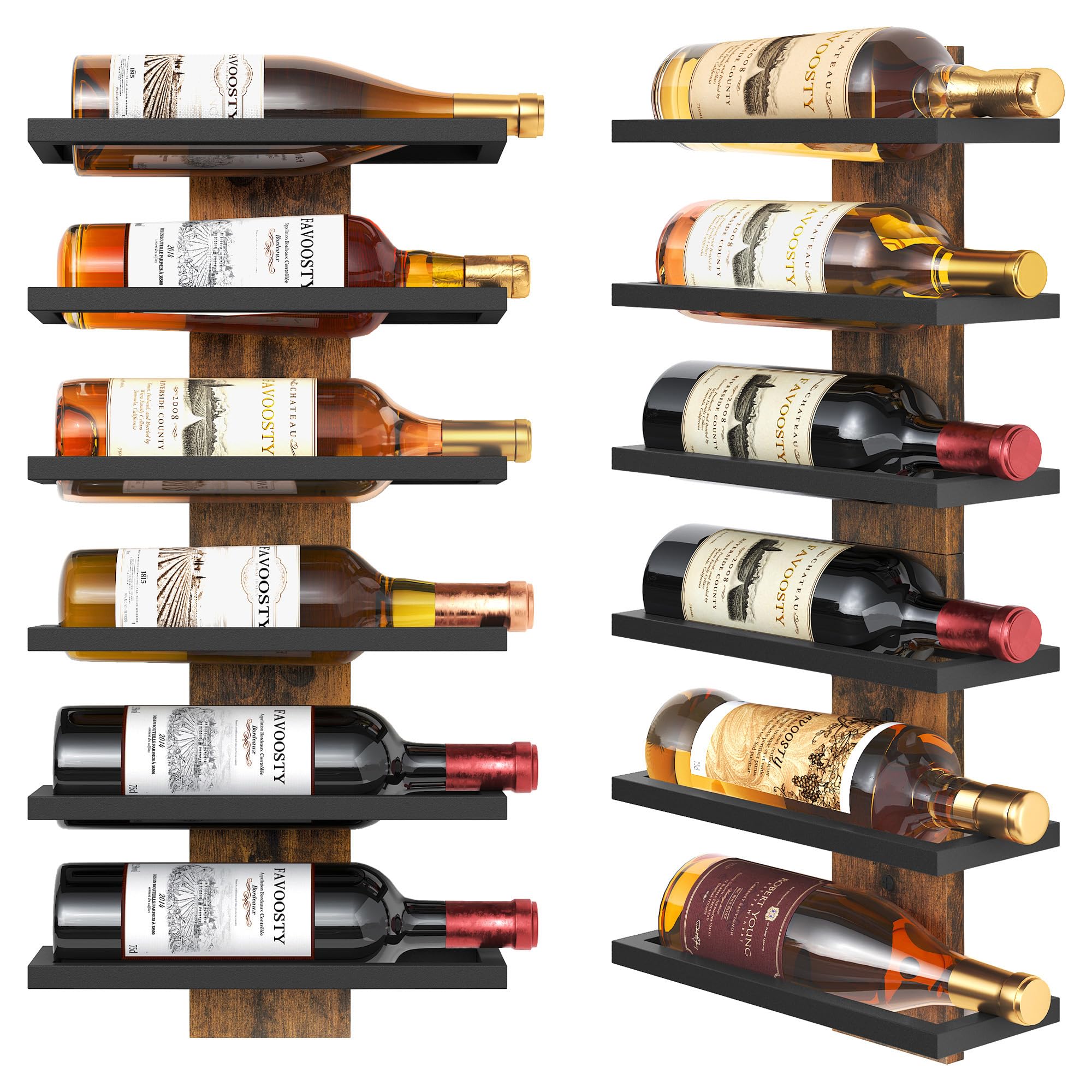 FAVOOSTY Étagère à vin Murale, Porte-Bouteilles, étagère à Bouteilles à 6 Niveaux, en métal, étagère à vin pour Salle à Manger, Chambre à Coucher, Cave à vin-Noire