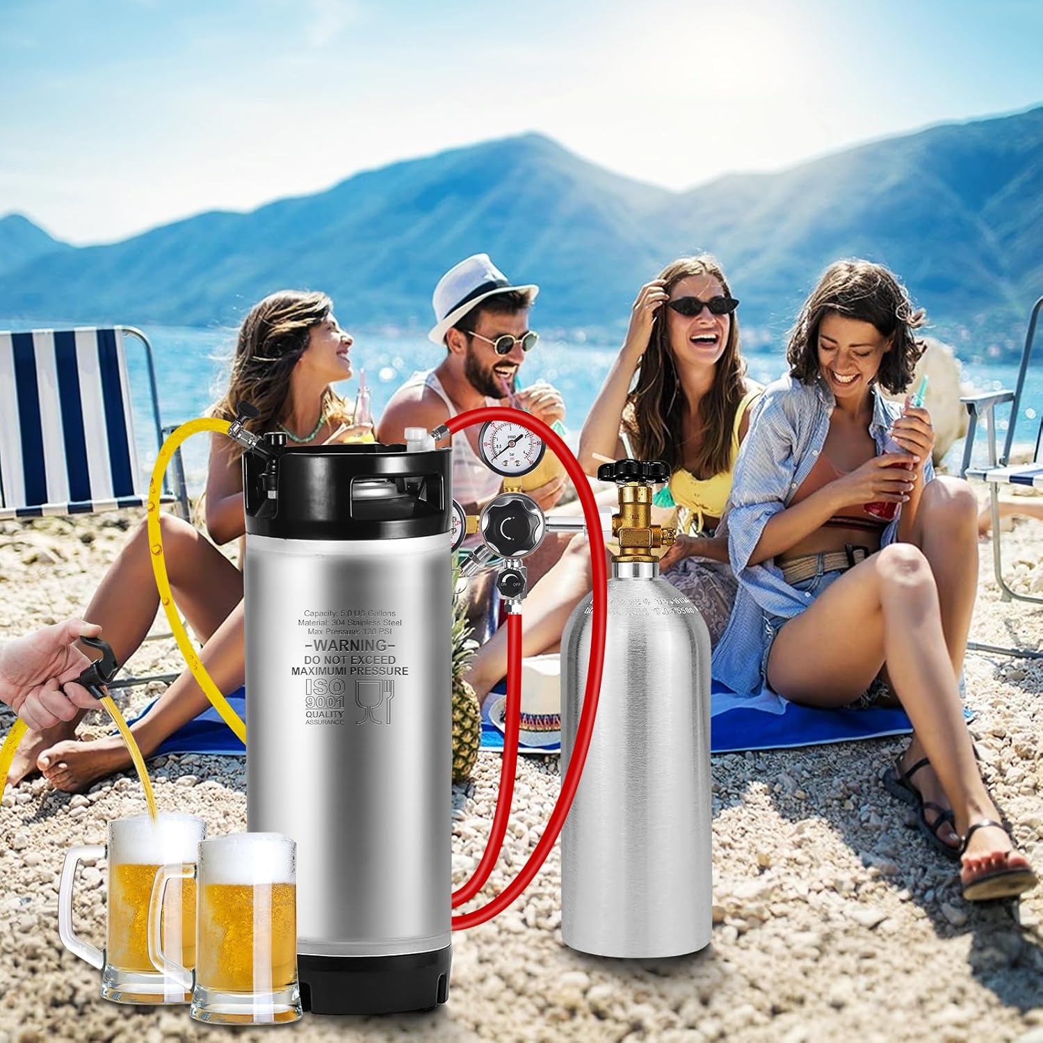 New 5 Gallon Ball Lock Keg, 304SS Corny Keg with Ball Lock Quick Disconnect & Dual Rubber Handles Bottom -Portable Beer Disperse with 2 Lid Gaskets 2 Hose Clamps - Ideal for Homebrew Party