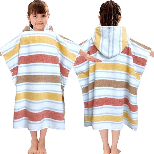 Miniatura 10 de VOOVA & MOVAS Poncho toallas para niños (4-8 años), de secado rápido, ligeras, absorbentes, de algodón, con capucha, bata para piscina, natación
