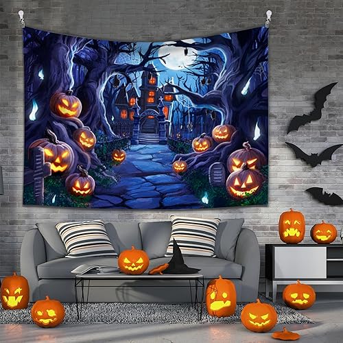 Miniatura 8 de XIAYUEHUA Tapiz de noche de Halloween, tapiz de calabaza para colgar en la pared, tapiz espeluznante de casa embrujada, tapiz de bosque brumoso,