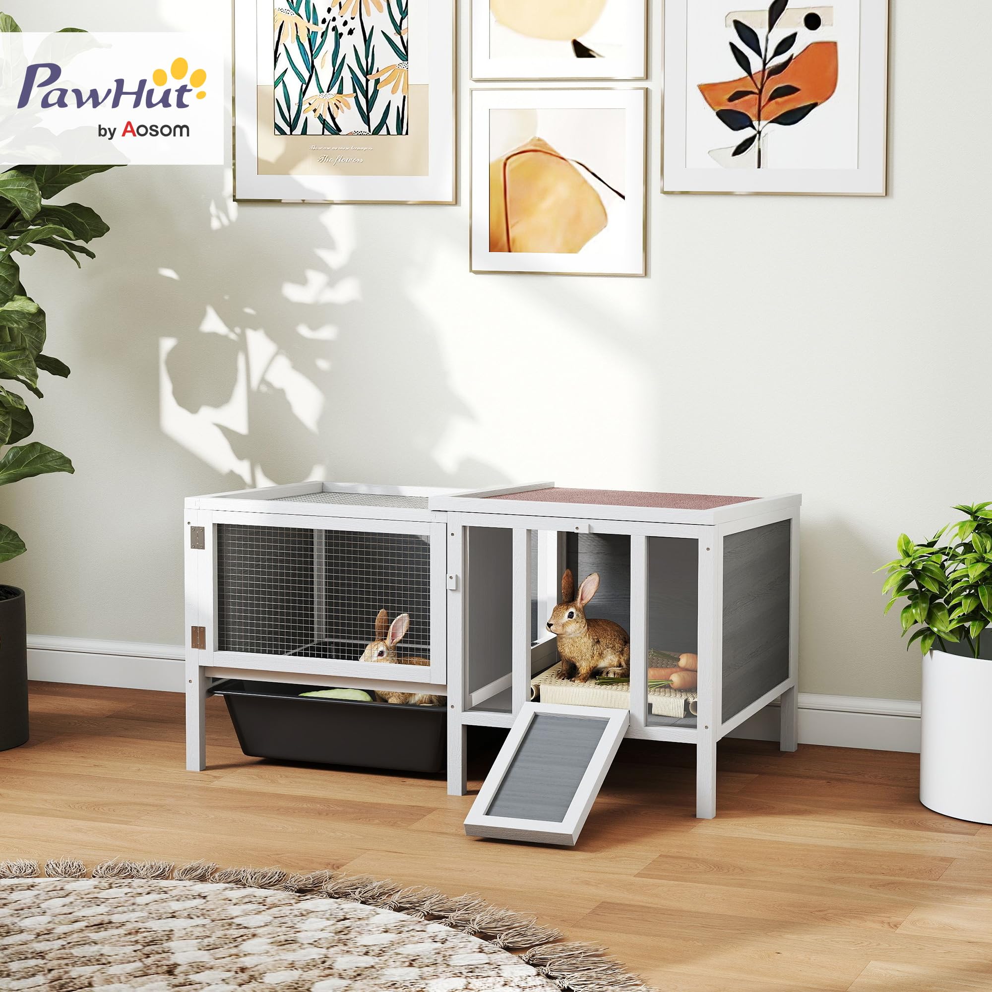 Conejera de Madera PawHut con recinto Libre, rampa, 3 entradas, conejera para Animales pequeños con Techo hidrófugo practicable, Bandeja extraíble, para cobayas 105 x 57,5 x 51,5 cm Gris
