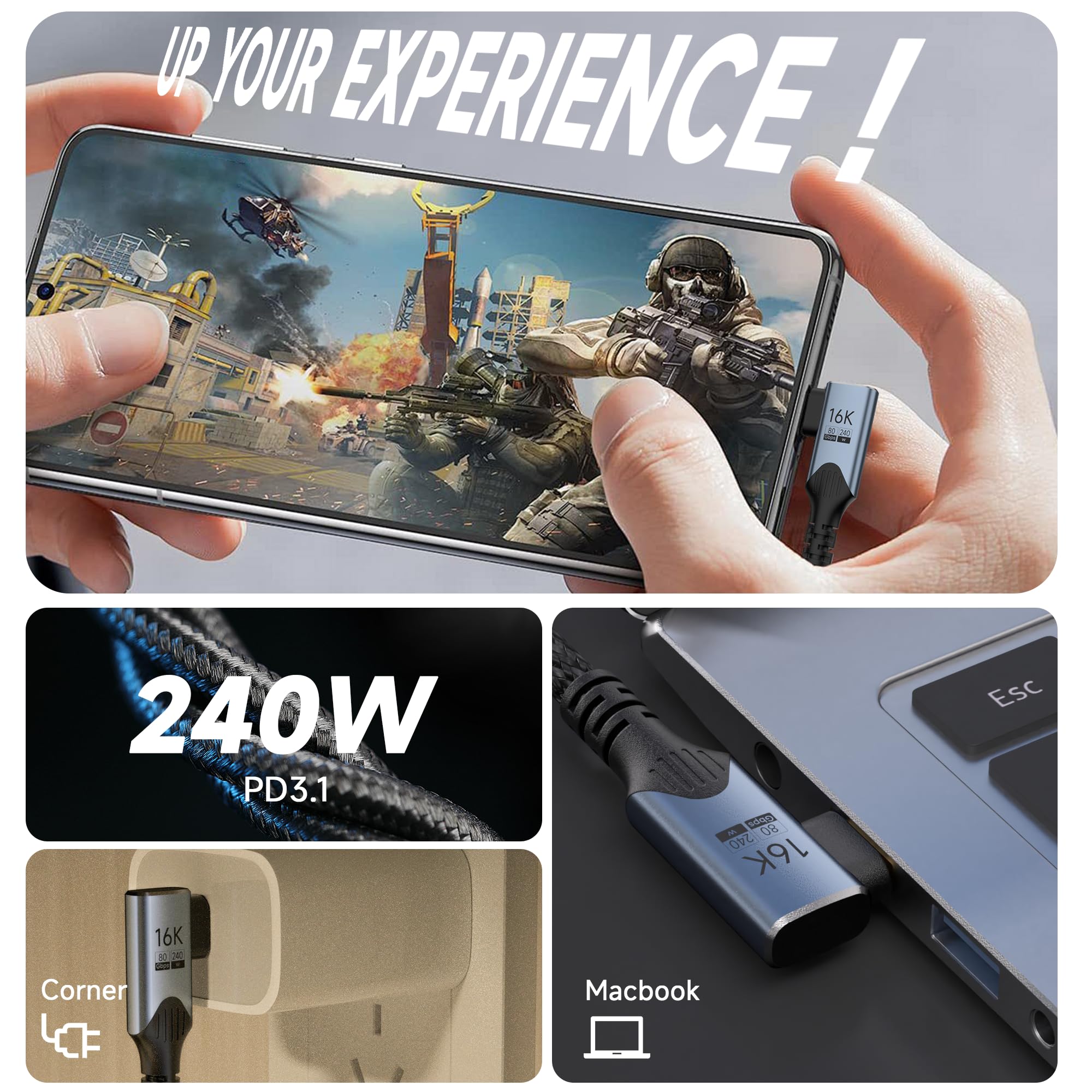 cable datos usb c largo 3 M Compatible con thunderbolt 5/4 90 grados ,Tasa de Transferencia 80Gbps,HD 16K@60Hz/8K@120hz 240W cable usb c carga rapida,para Monitor, portátiles Type-C, hub,Docking.
