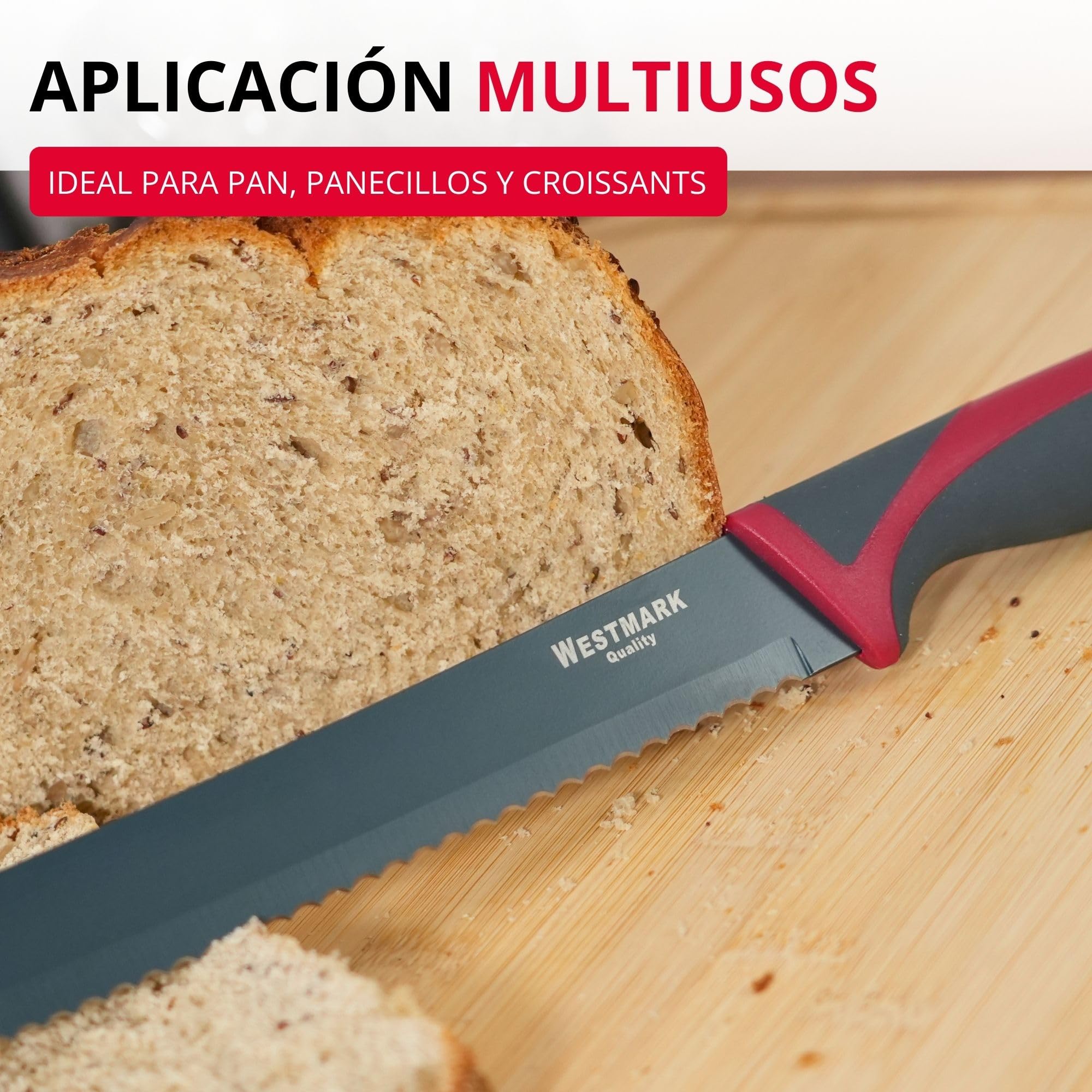 Westmark Cuchillo para pan, Con hoja dentada larga, Longitud de la hoja: 20 cm, Con protección de la hoja, Acero inoxidable/plástico, Antracita/rojo, 14552280