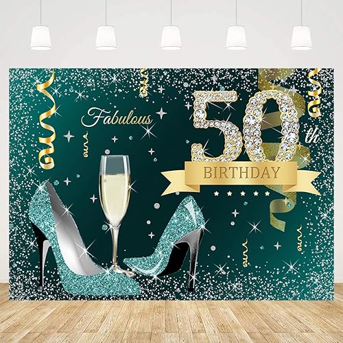 InMemory Telón de fondo de 50 cumpleaños verde turquesa con purpurina y puntos dorados, tacones altos, vidrio champán, fondo de fotografía, para