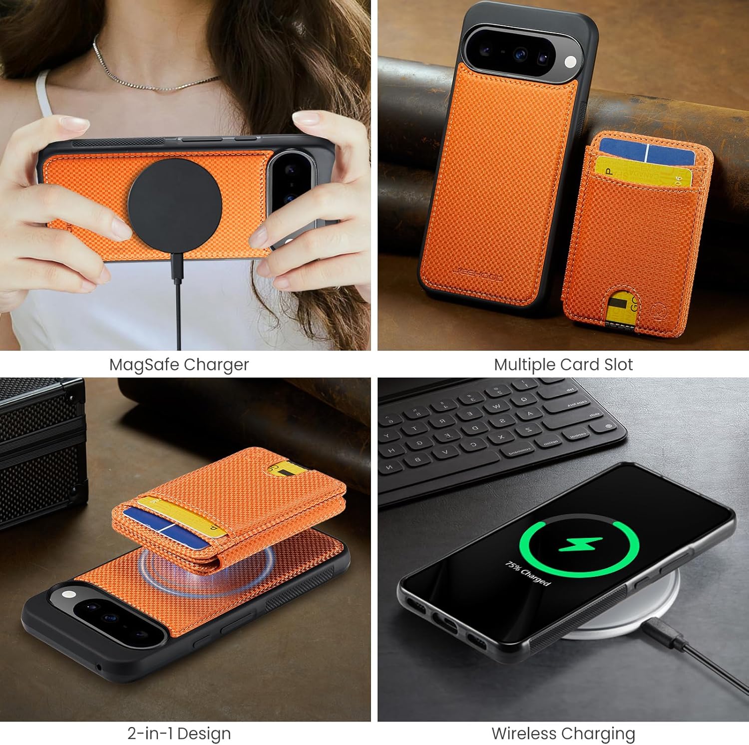 for Wallet Folding Case for Google Pixel 10, MagSafe Compatible with RFID Blocking 6 Card Slots, 2-in-1 Kickstand Magnetic Closure Shockproof Heavy Duty Case for Google Pixel 10 Pro 6.3" - Orange