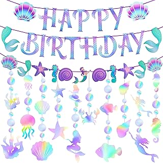 Mermaid Birthday Party Decoration Mermaid Birthday Banner 10 String Mermaid Circle Dot Garlands with Under The Sea Elements for Mermaid Theme Birthday Party Baby Shower Supplies