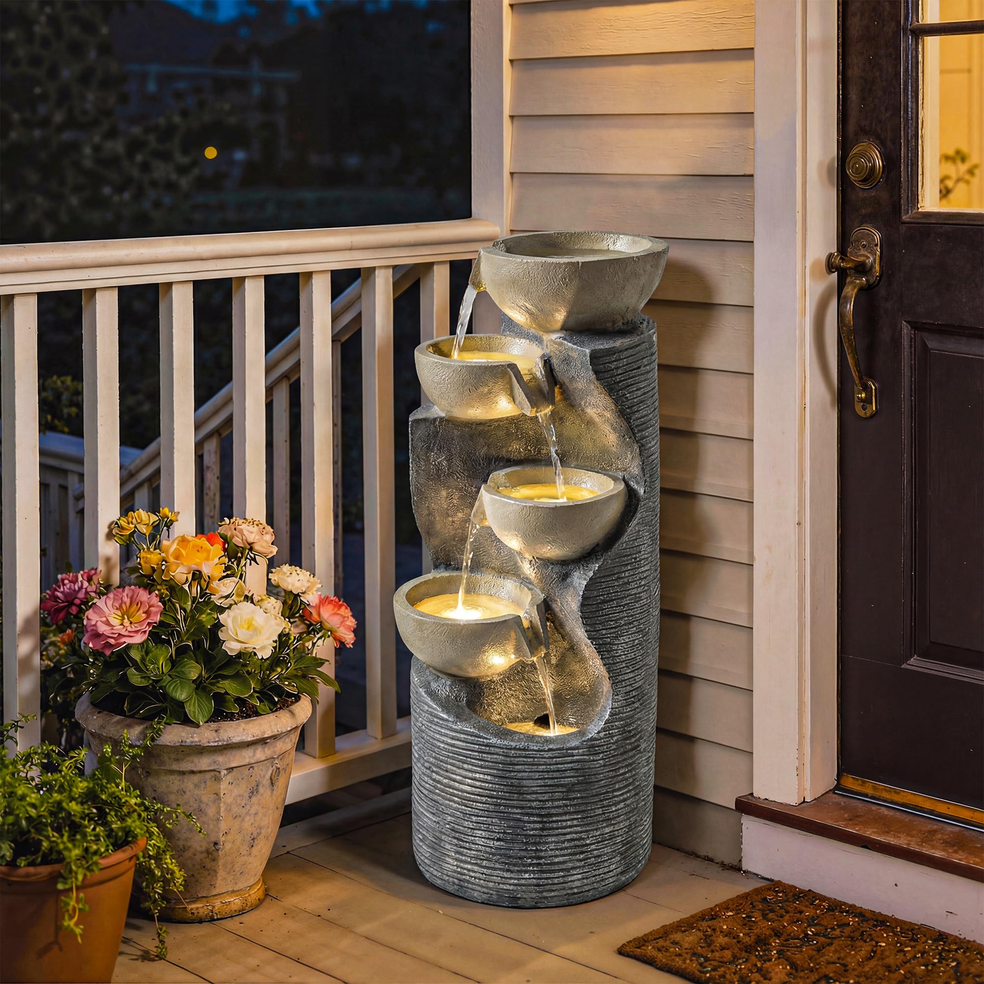 Outsunny Fontaine à Saut Fontaine de Jardin à 5 Niveaux avec Pompe D'éclairage LED Aspect Pierre, Fontaine D'intérieur Réglable Jeu D'eau Fontaine Décorative pour Jardin Terrasse 33 x 31 x 80 cm