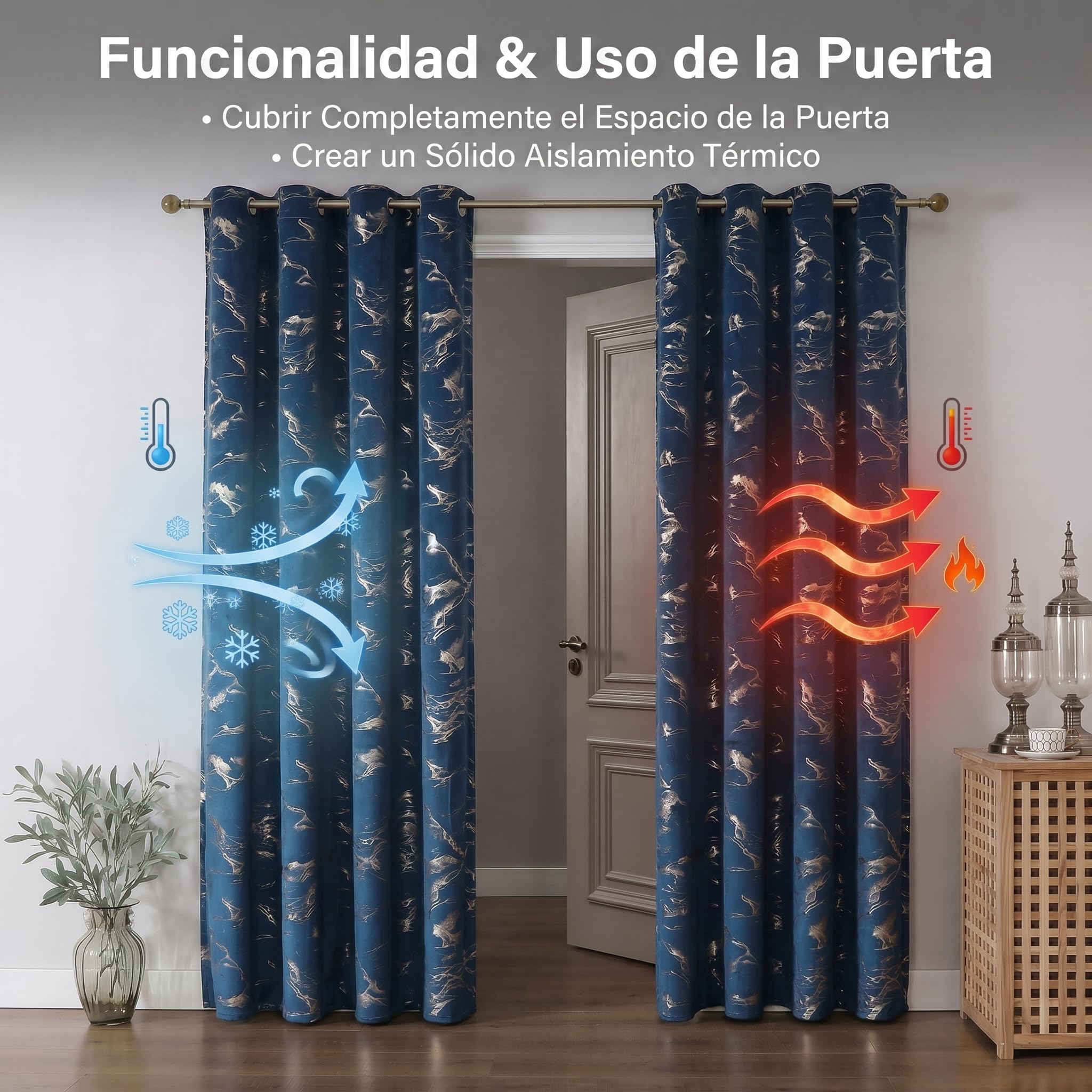 Cortinas Azul Marino Doradas Efecto mármol, H200 x An140 cm, Juego de 2 Paneles, Terciopelo Suave, Cortinas Opacas 85-90%, Ojales metálicos 4 cm, salón Dormitorio Oficina