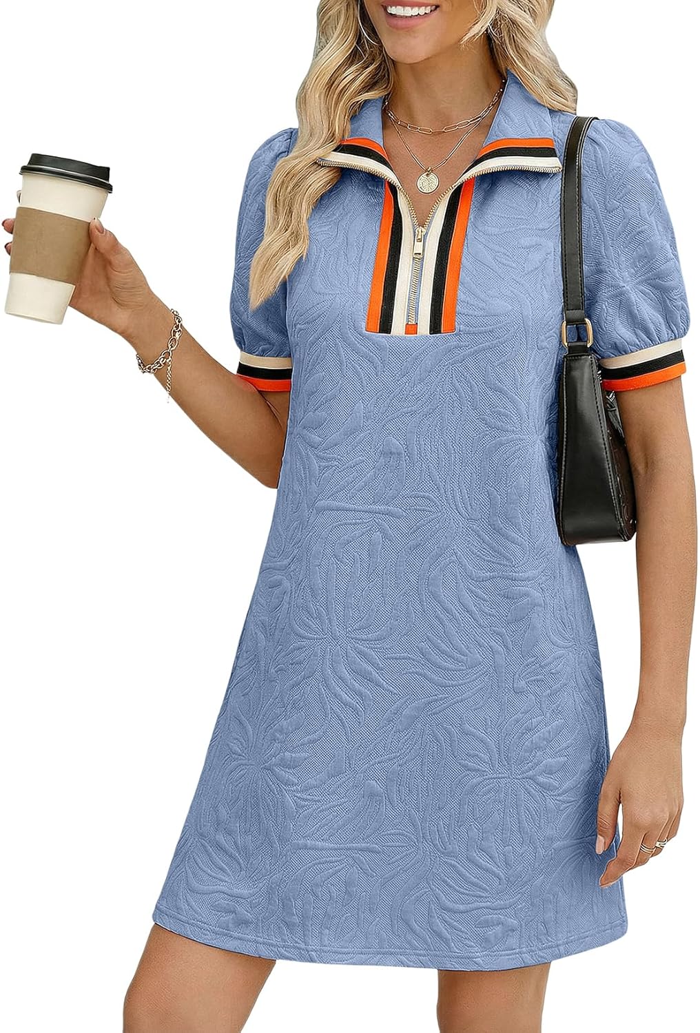 BLENCOT Summer Dresses for Women Casual Half Zip V Neck Short Sleeve Mini Sweatshirt Dress with Pockets