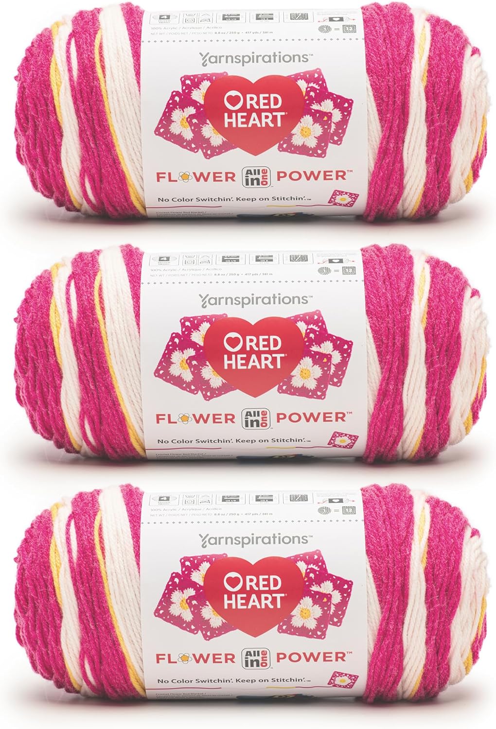 Red Heart All in ONE Flower Power Peony pop Yarn - 3 Pack of 8.8oz/250g - 100% Acrylic - #4 Worsted (Medium) - 440 Yards - Knitting/Crochet