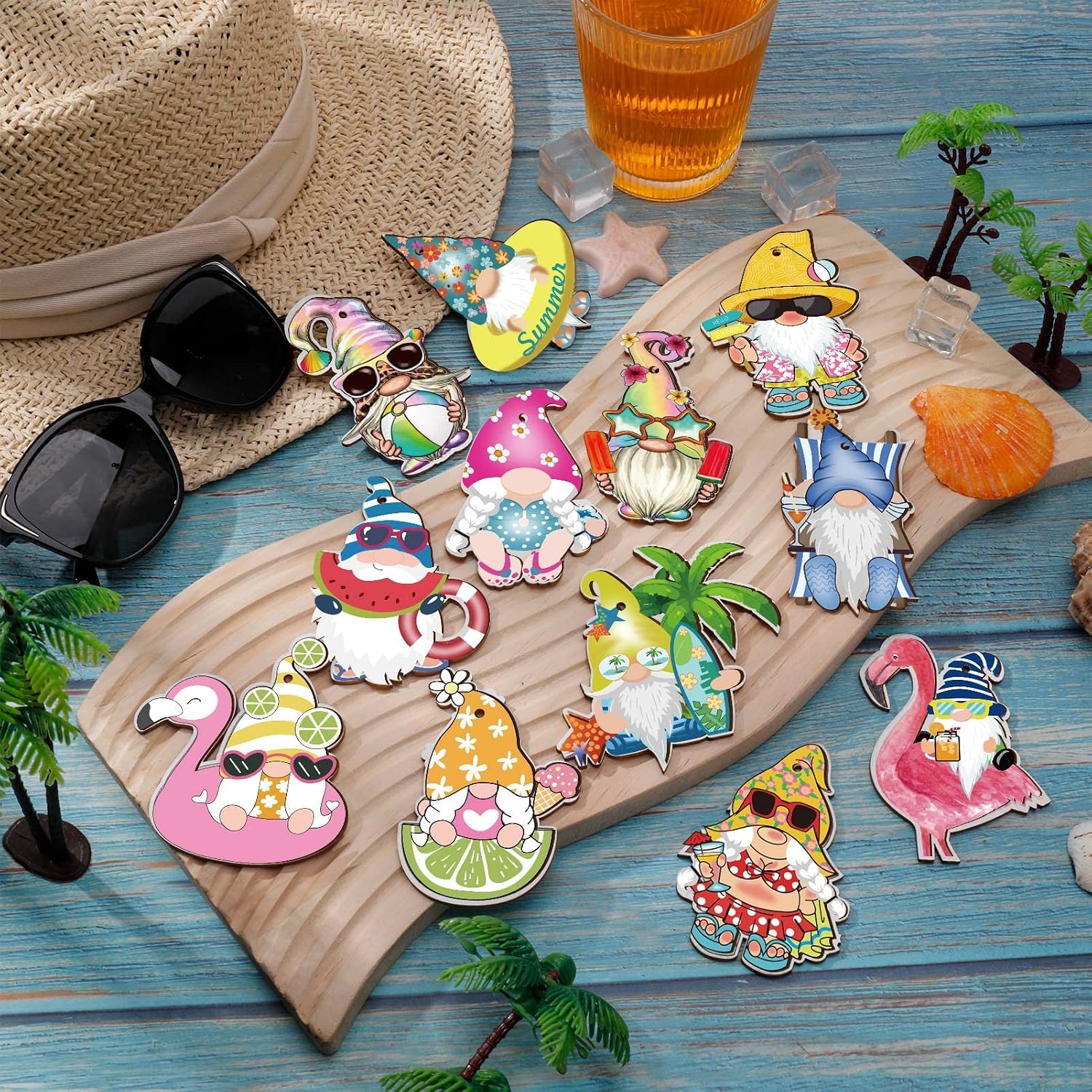 24 Pcs Summer Gnome Farmhouse Tree Ornaments, Summer Fruit Flamingo Wood Hanging Ornaments Pack Bulk Rustic Embellishments for Holiday Hawaiian Beach Tree Party Decor