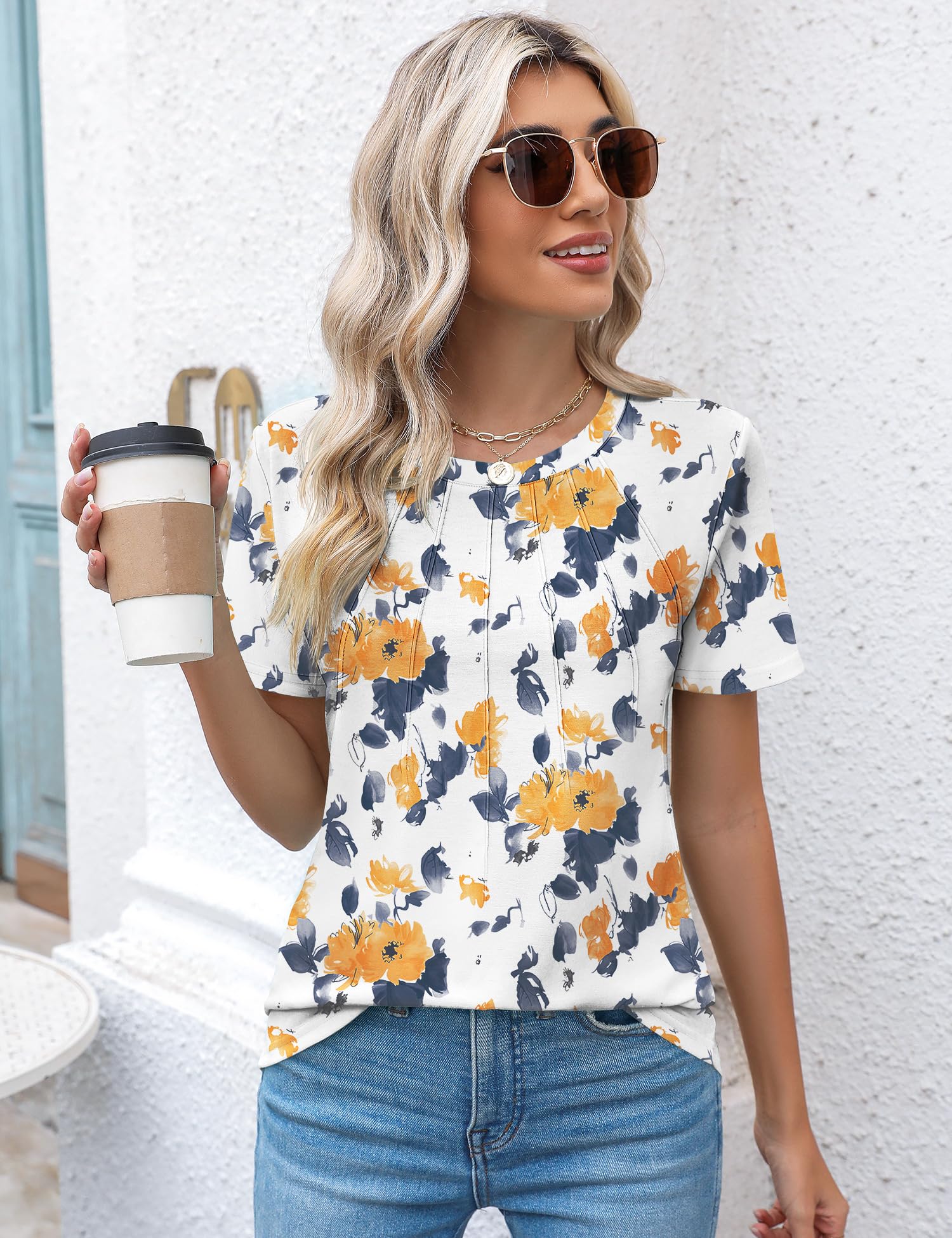 Kistore Womens Casual Crew Neck Short Sleeve Pleated Tops Blouses Fashion Clothes 2025