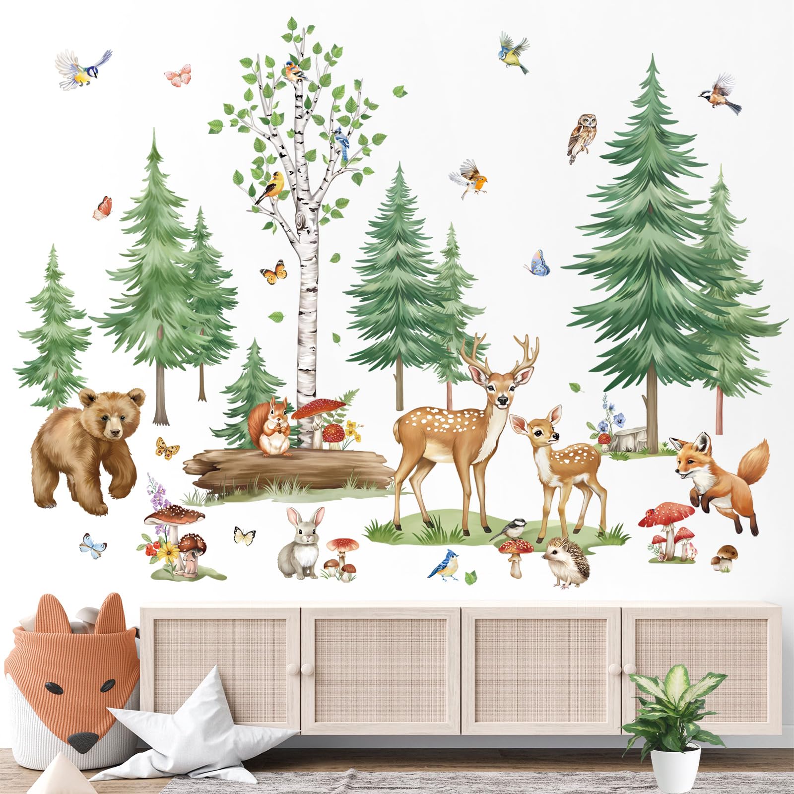 wondever Large Pine Tree Woodland Animals Wall Stickers Forest Birch Bear Deer Fox Peel and Stick Wall Art Decals for Baby Nursery Kids Bedroom - Image 3