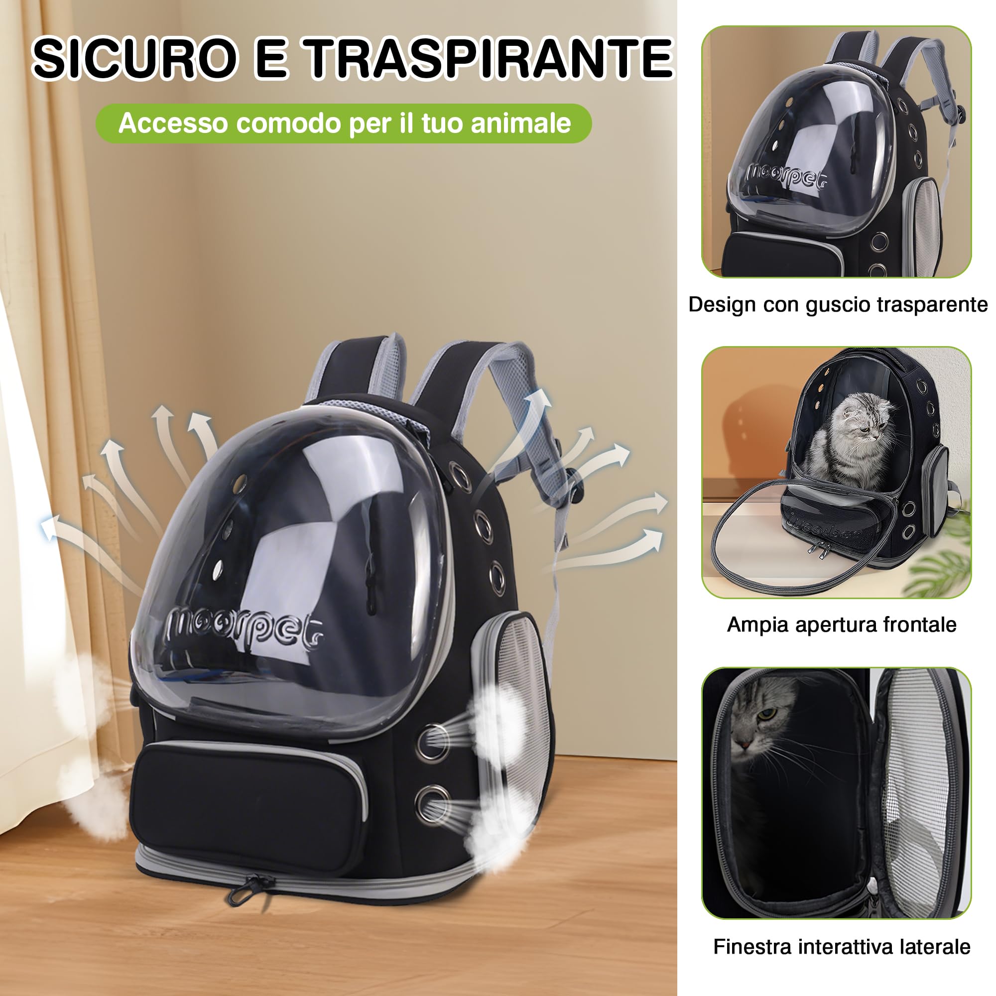 ALLSOPETS Zaino per Gatti e Cani, Zaino Trasportino Gatto con Design a Bolle, Pieghevole e Portatile, per Animali Fino a 7,5 kg, per Viaggi, Escursioni e Cliniche Veterinarie (Nero Classico)