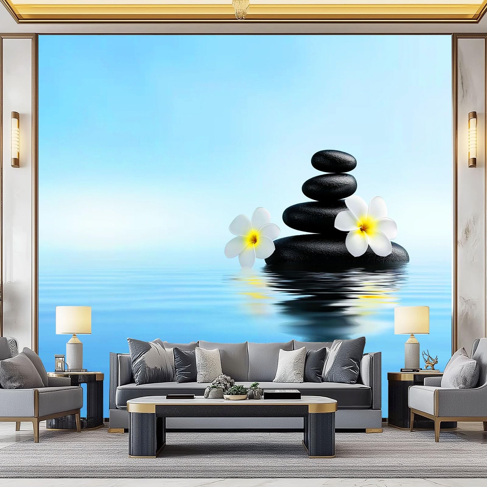 Fototapeta Zen Frangipani - estetyka, kamień, natura, 200 x 140 cm, tapeta z włókniny, tapeta ścienna, odporna na promieniowanie UV, neutralna zapachowo, niebieska